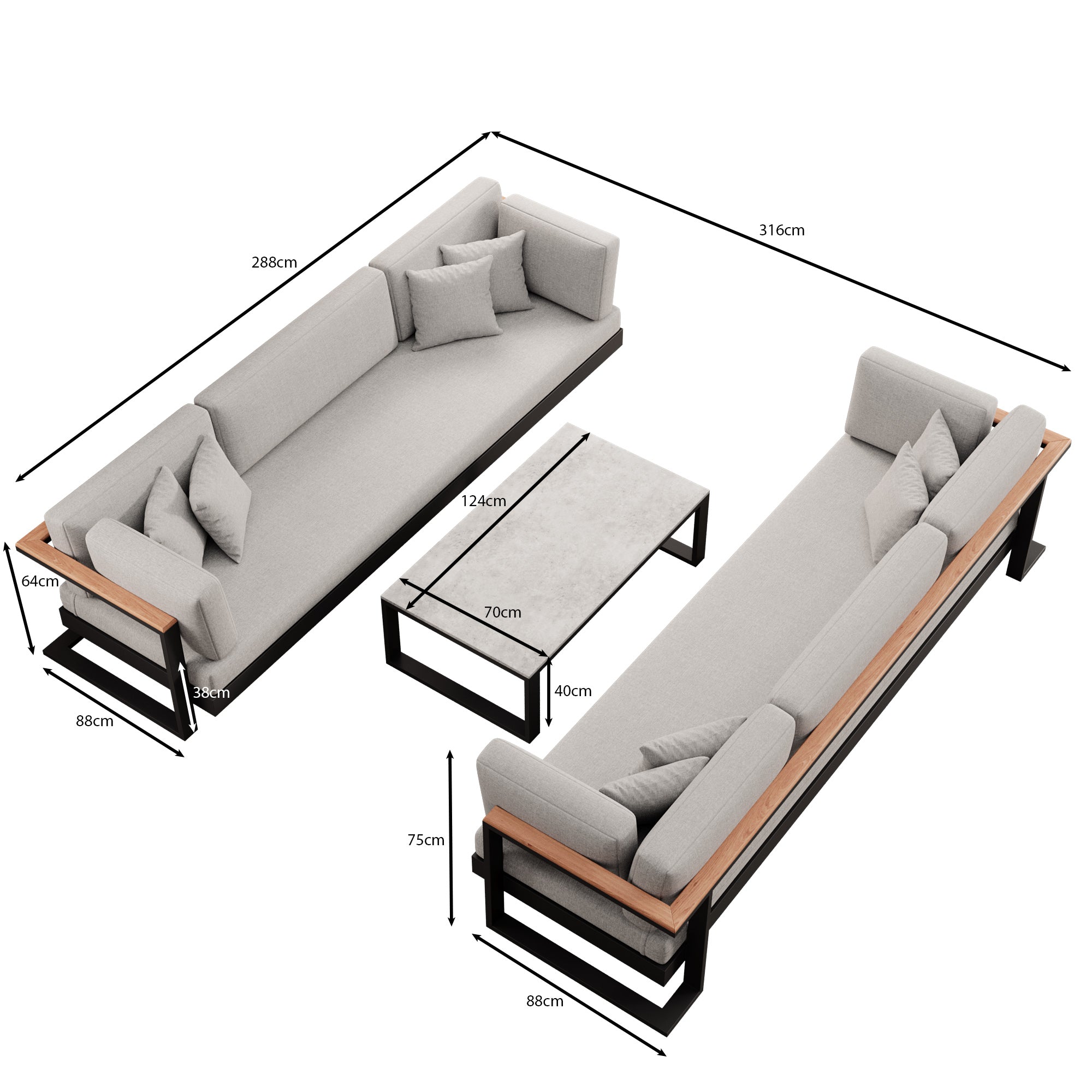 Vayla – 2 three-seater sofas & table in black aluminum | Aevora™ Collection