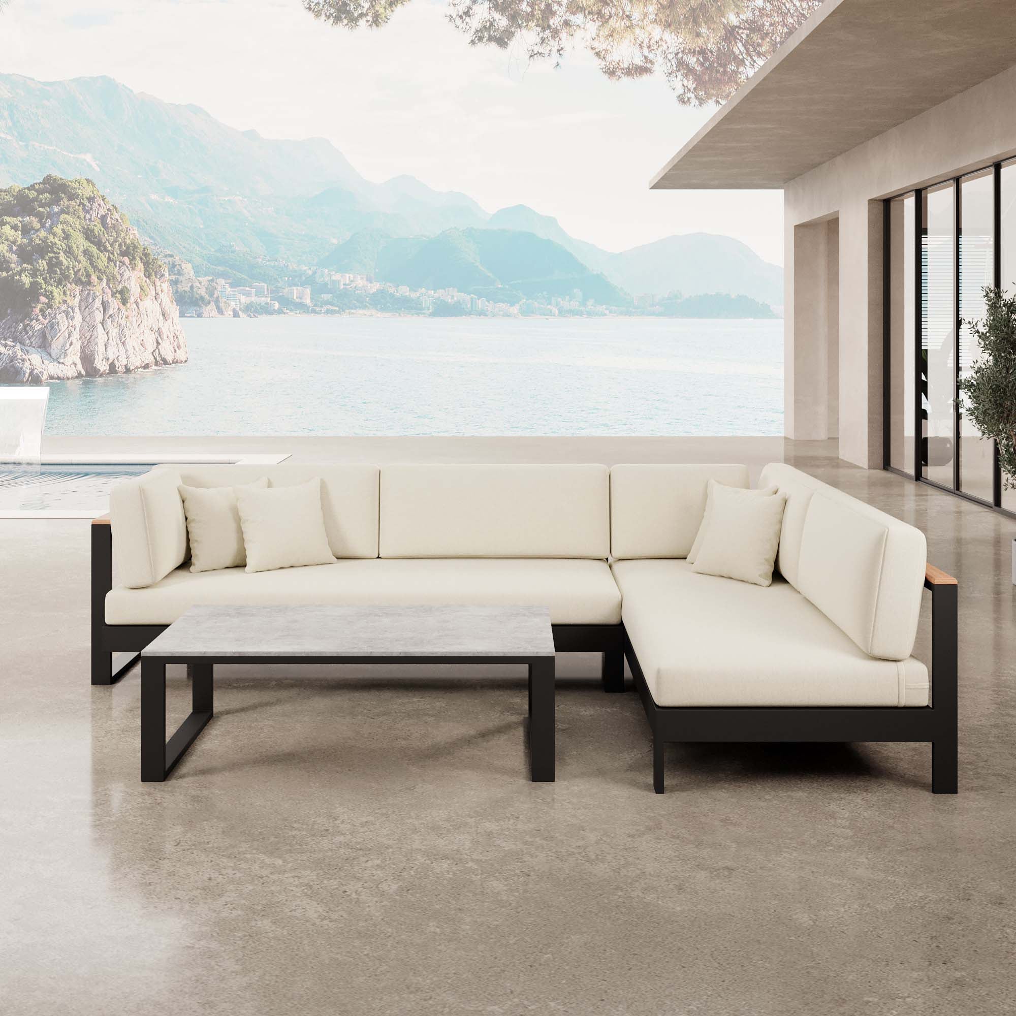 Vayla – Corner Lounge, Corner Sofa & Table in Black Aluminum | Aevora™ Collection