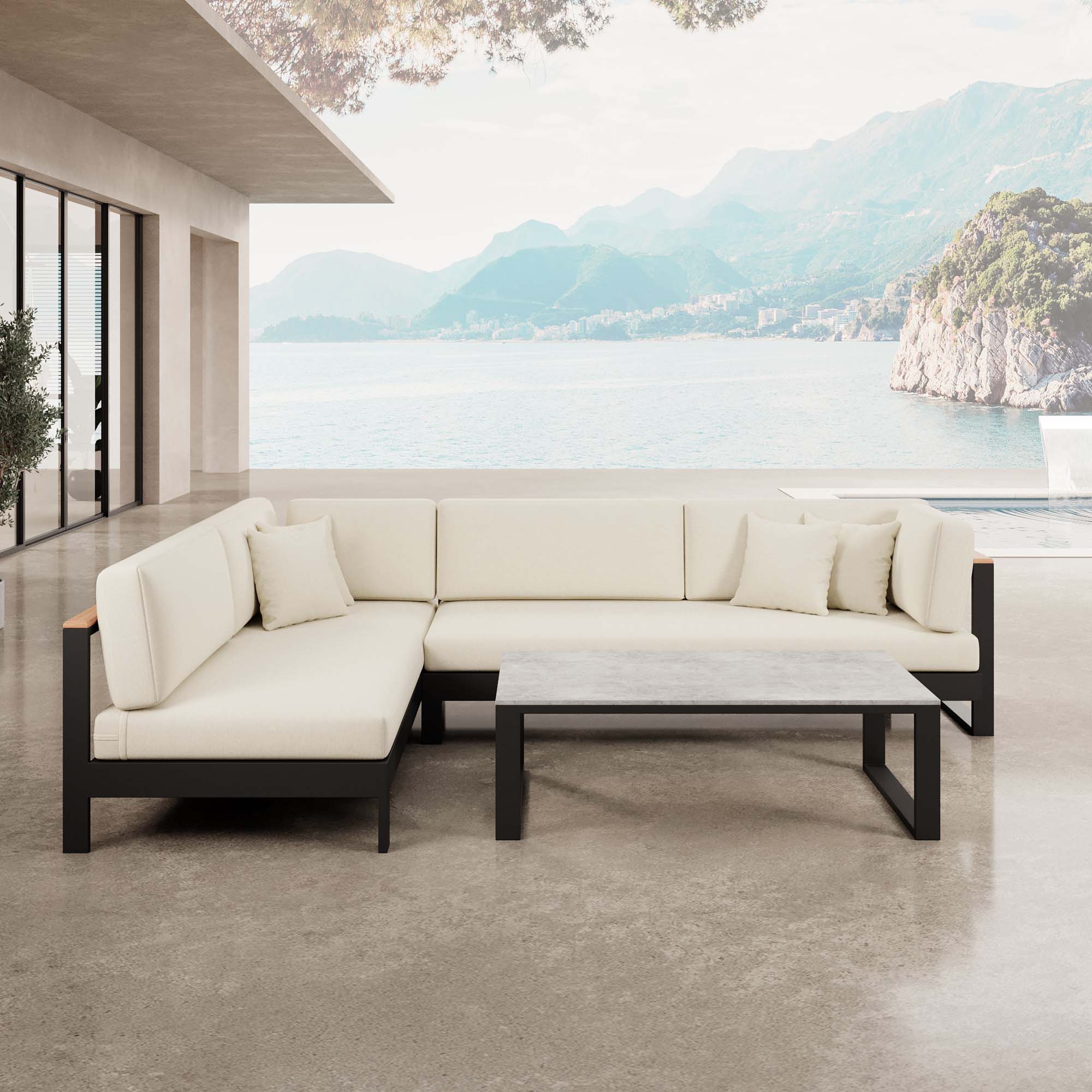 Vayla – Corner Lounge, Corner Sofa & Table in Black Aluminum | Aevora™ Collection