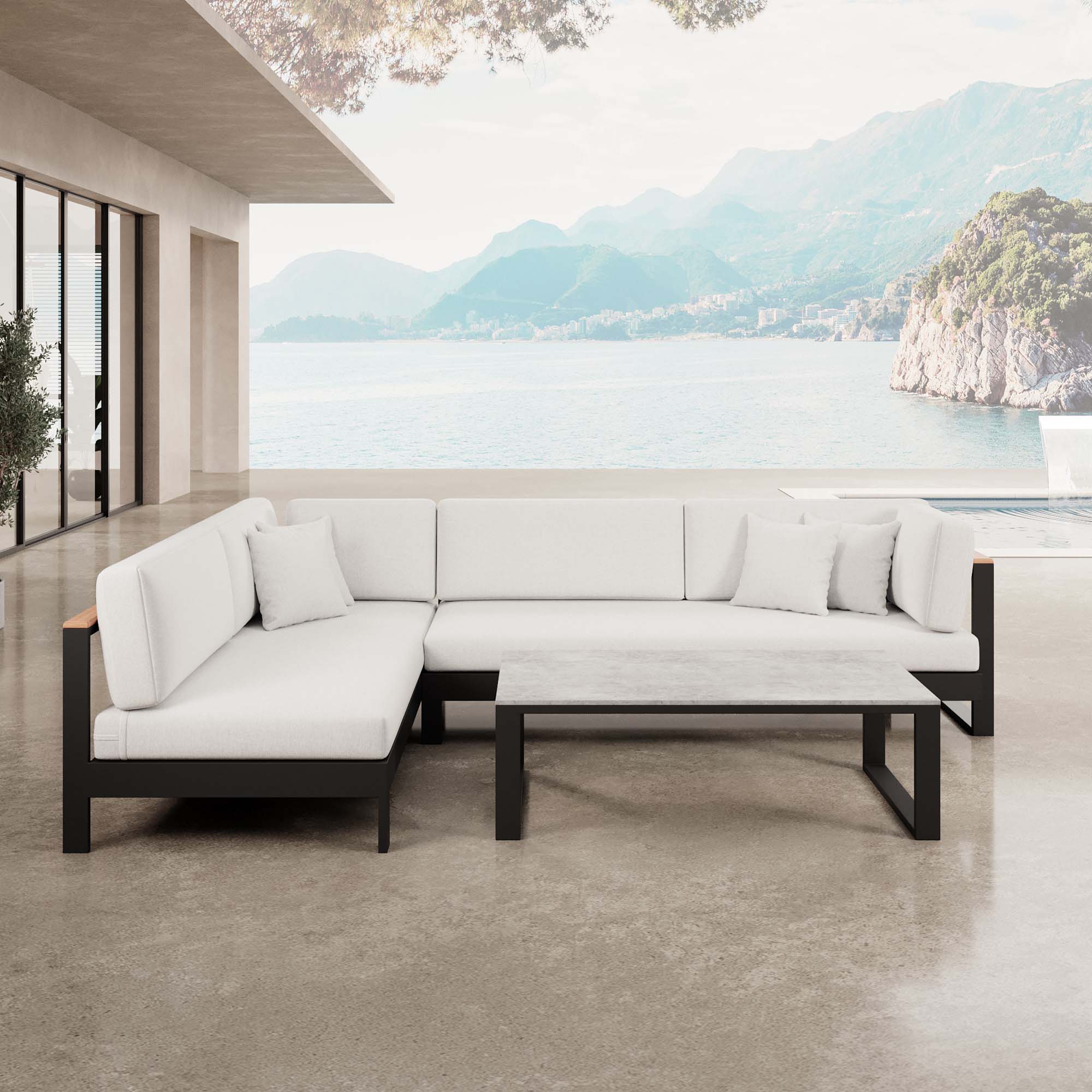 Vayla – Corner Lounge, Corner Sofa & Table in Black Aluminum | Aevora™ Collection