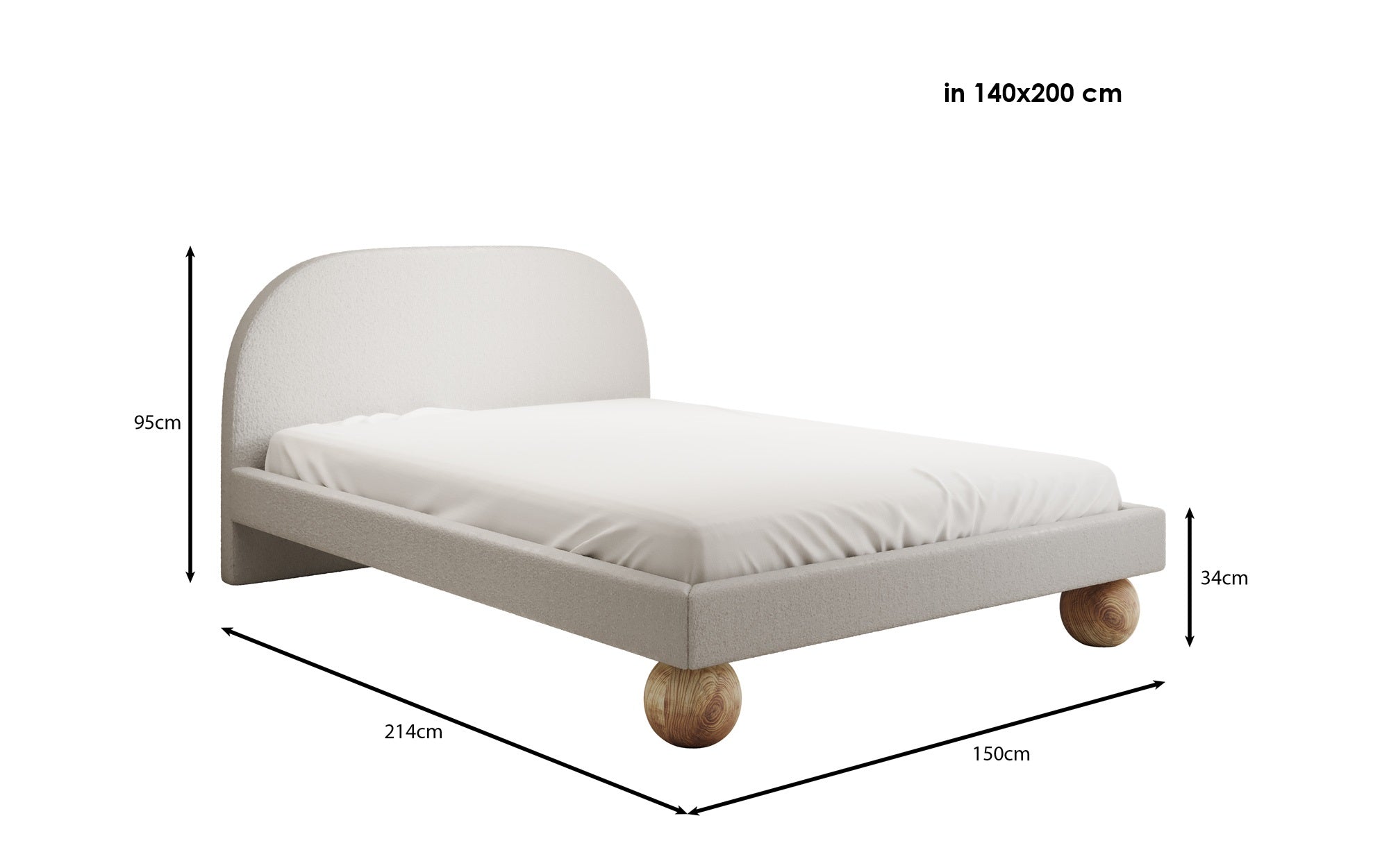 Designer upholstered bed Milo in bouclé with round wooden feet