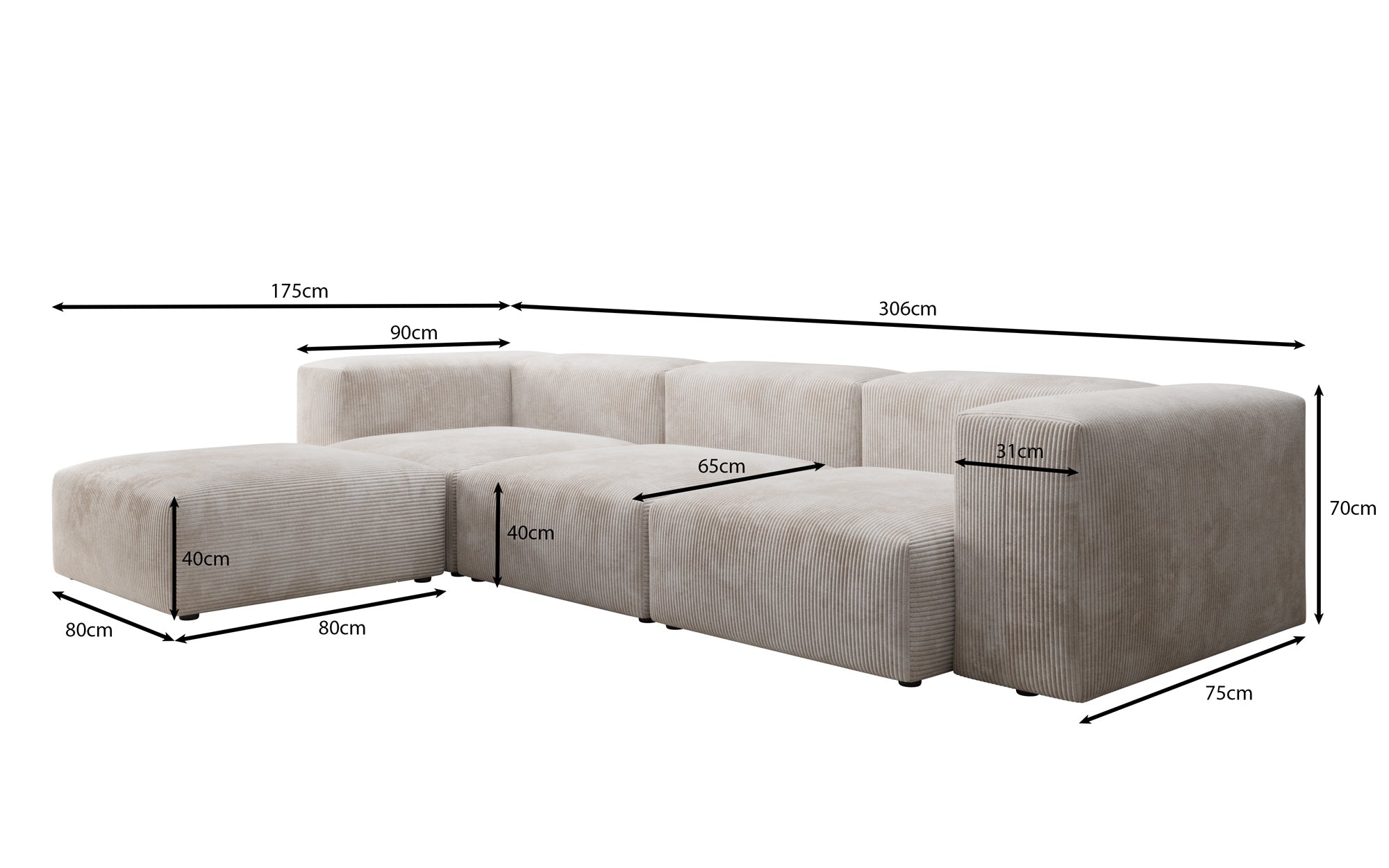 Designer L-shaped Sofa Snug in Cord