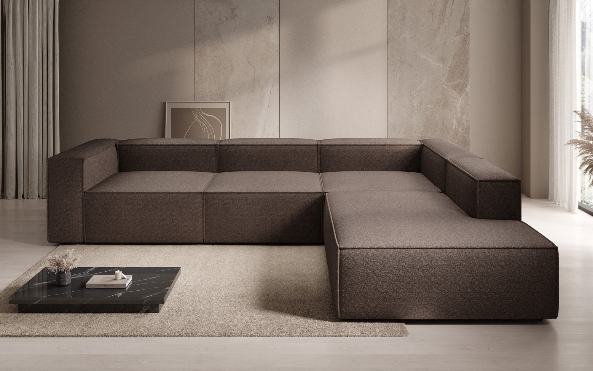 Designer Sofa Lesley L with long ottoman in Bouclé