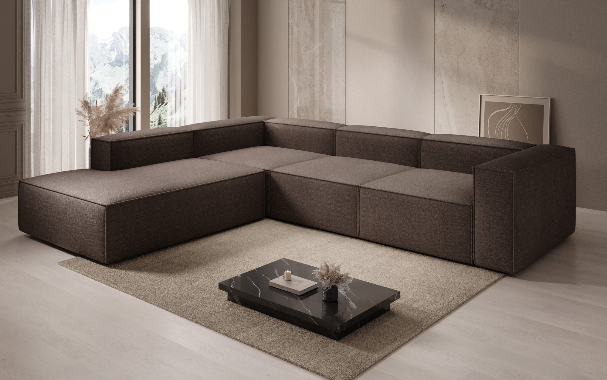 Designer Sofa Lesley L with long ottoman in Bouclé