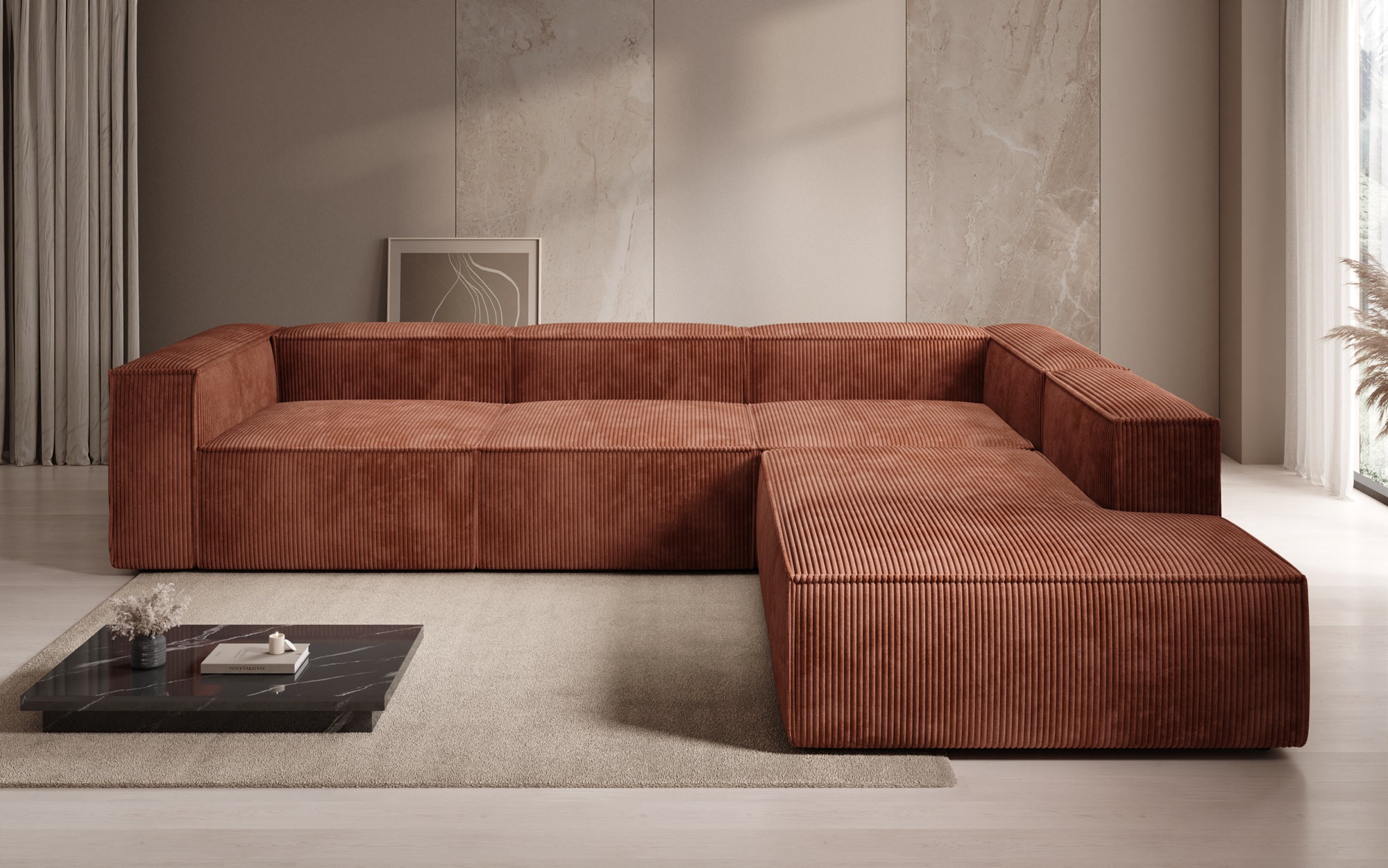 Designer Sofa Lesley L with long ottoman in corduroy