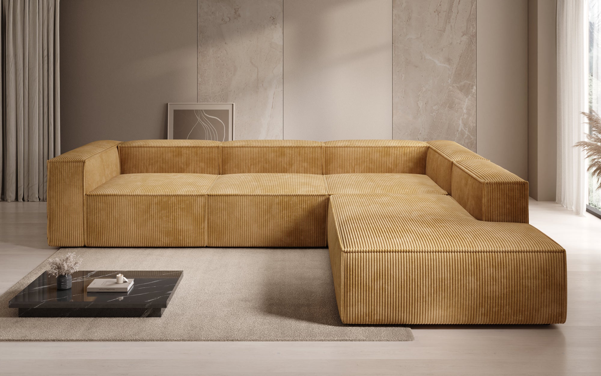 Designer Sofa Lesley L with long ottoman in corduroy