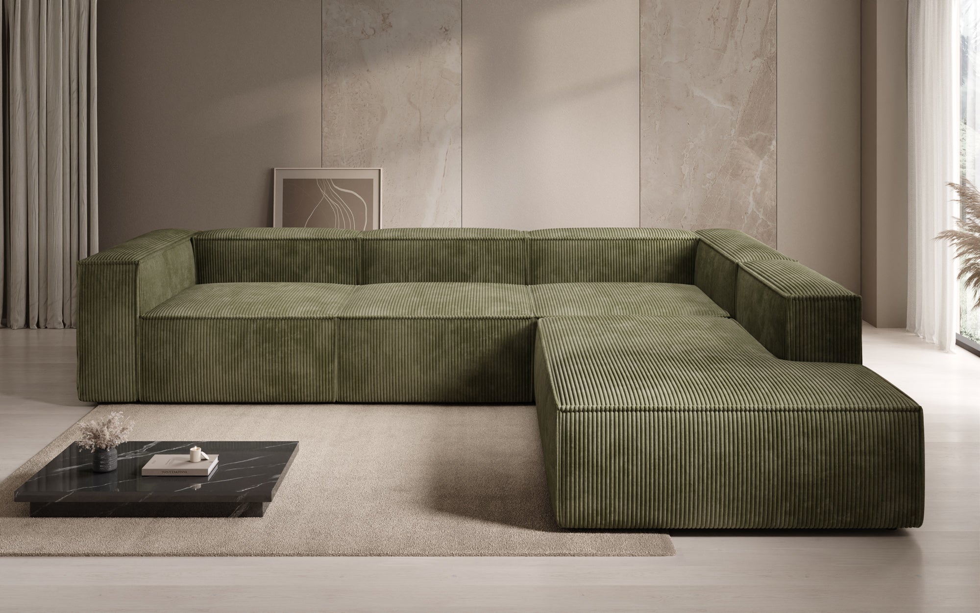 Designer Sofa Lesley L with long ottoman in corduroy