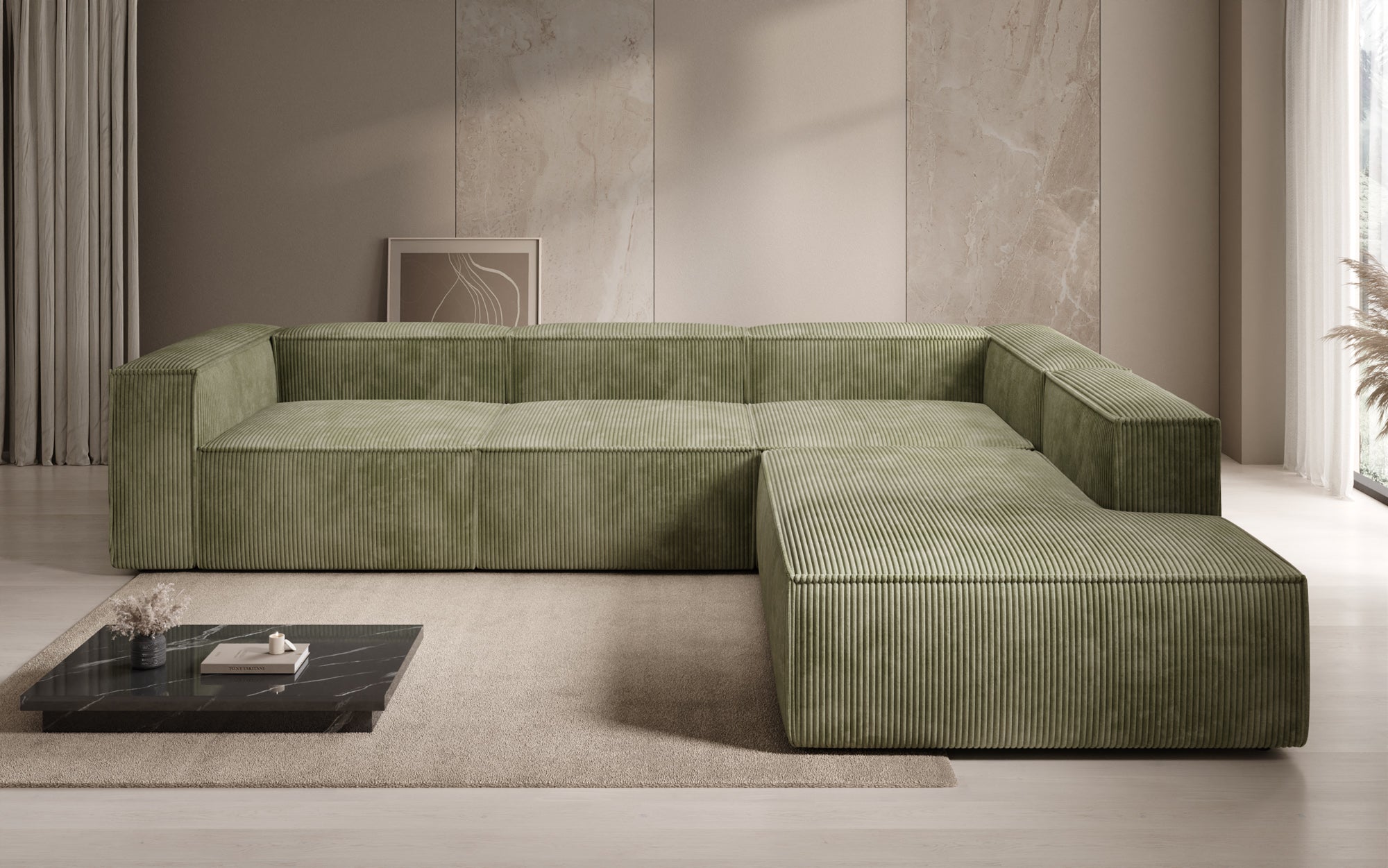 Designer Sofa Lesley L with long ottoman in corduroy