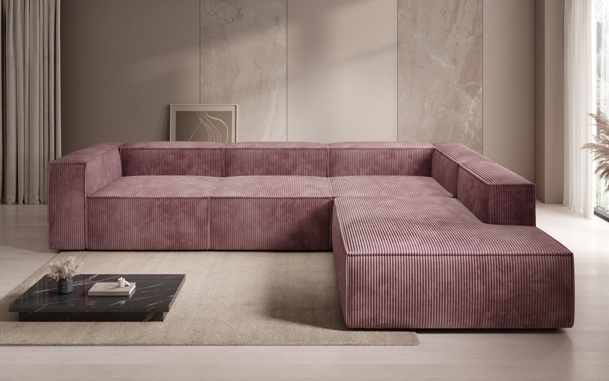 Designer Sofa Lesley L with long ottoman in corduroy