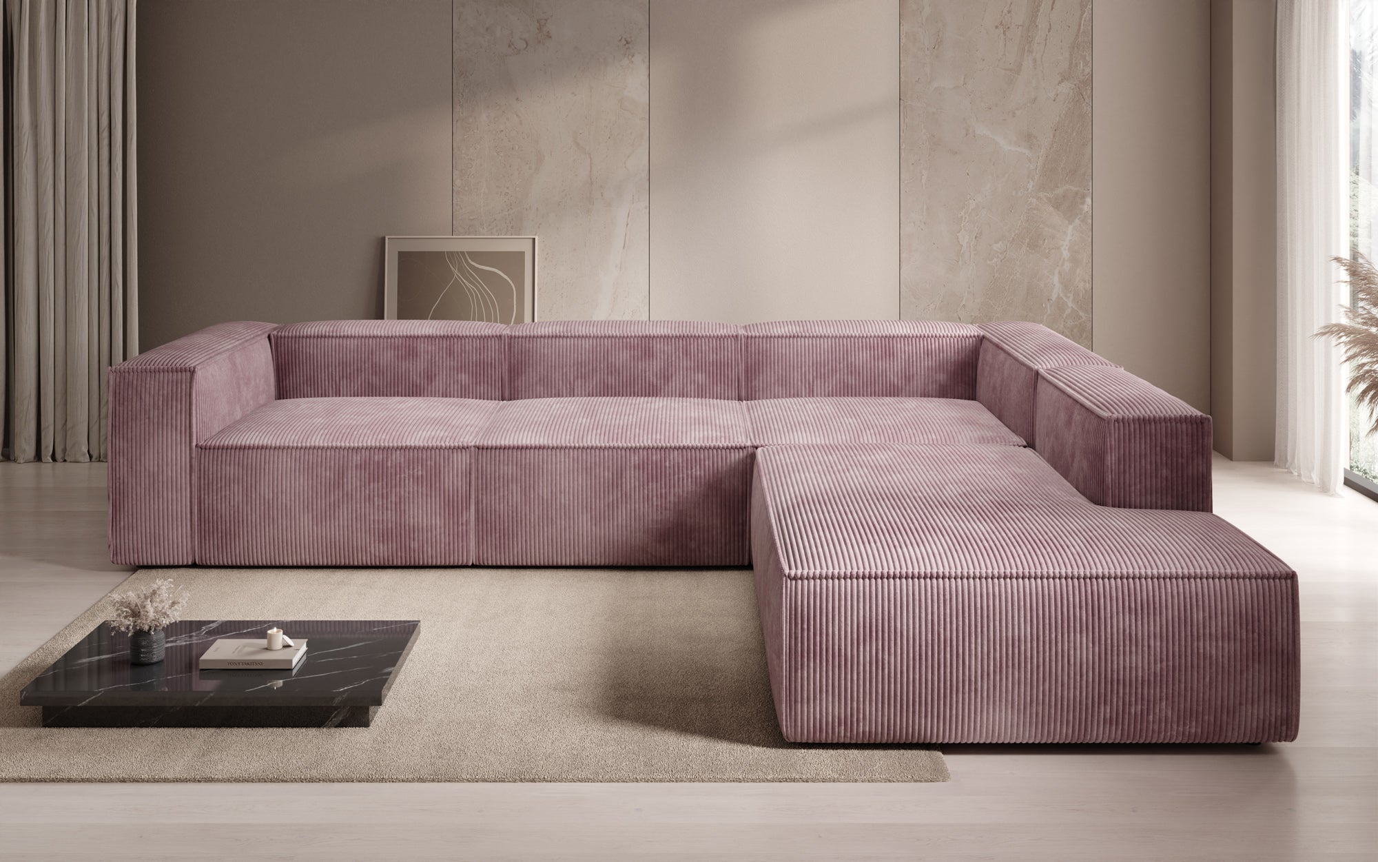 Designer Sofa Lesley L with long ottoman in corduroy