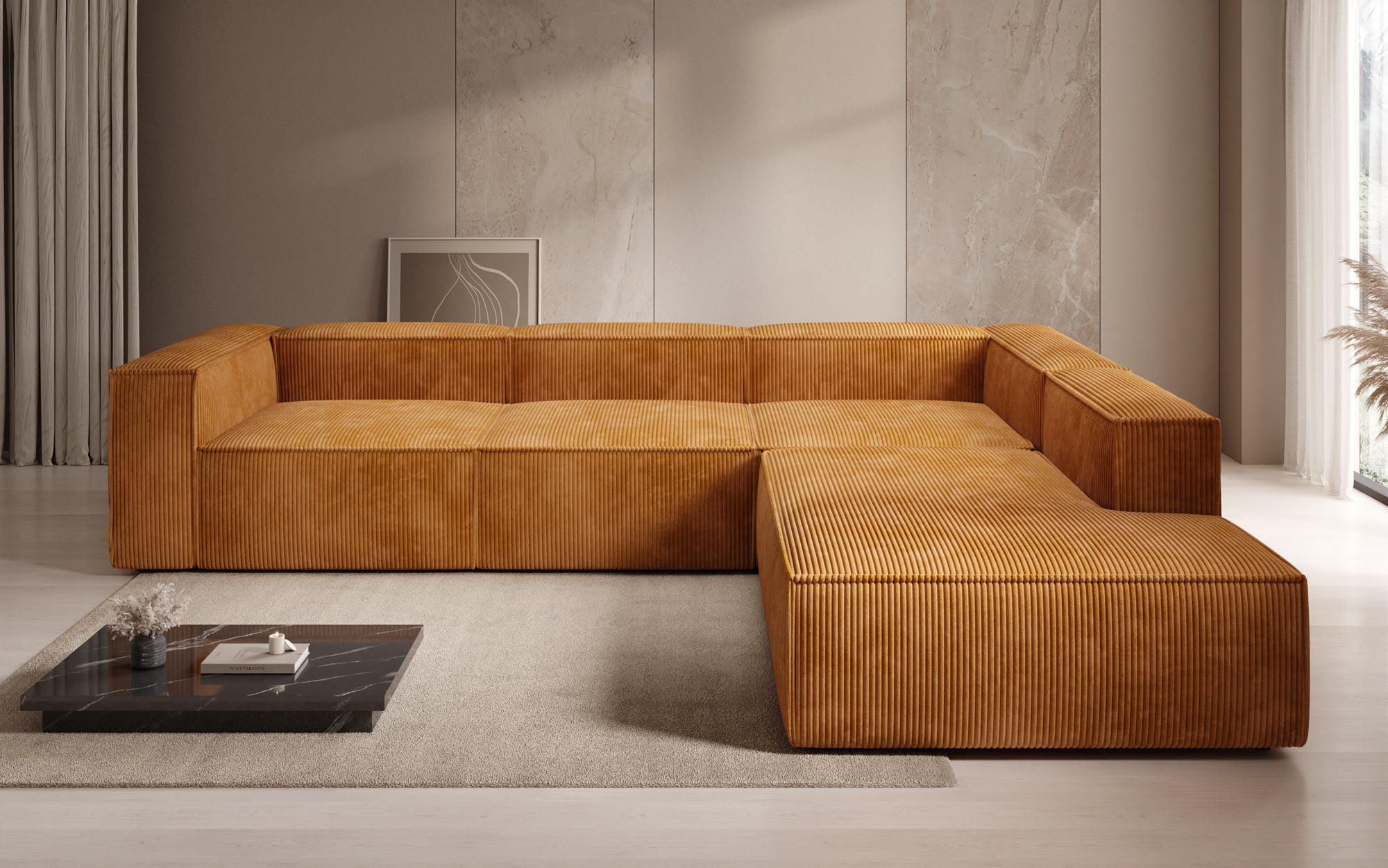Designer Sofa Lesley L with long ottoman in corduroy