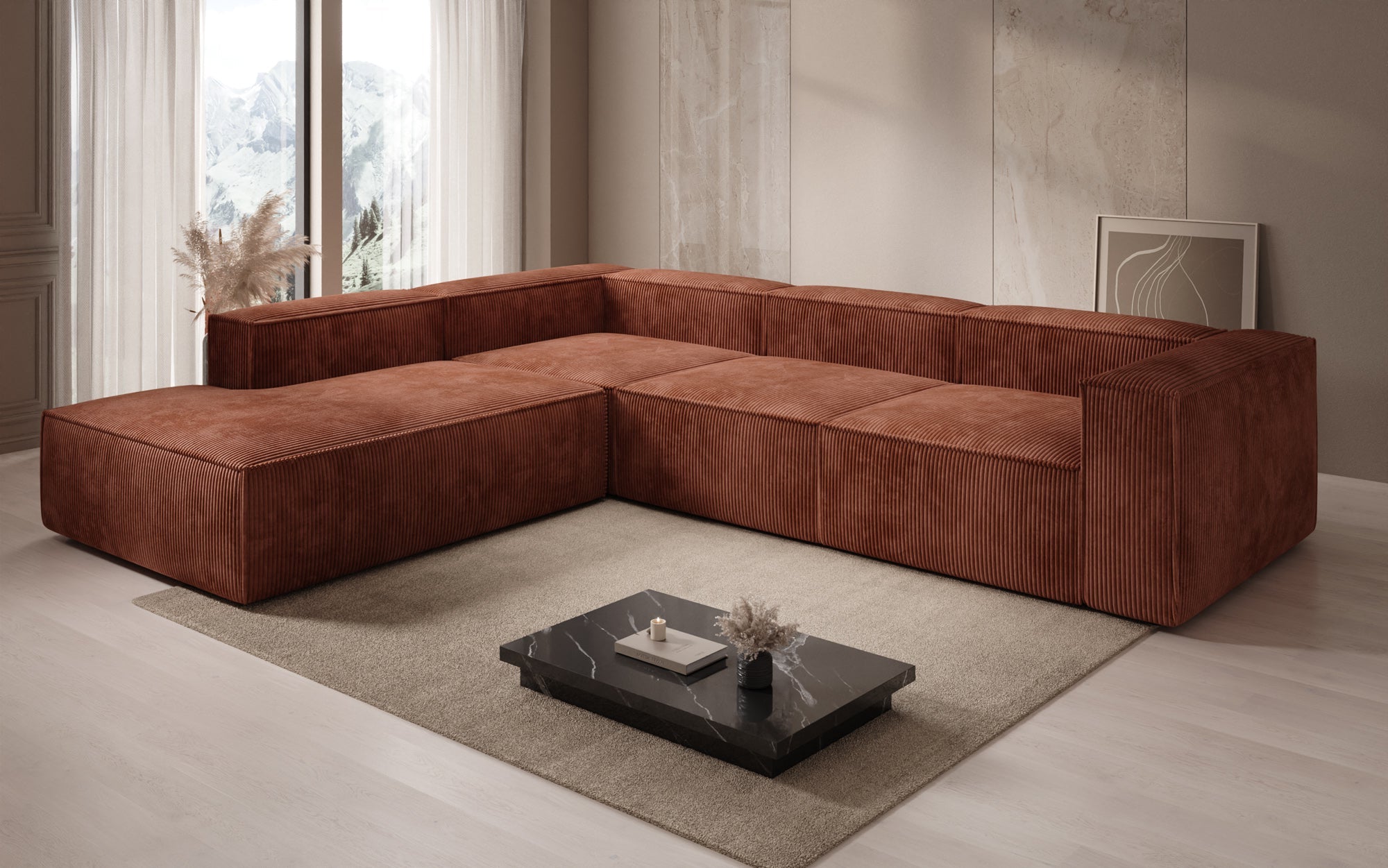 Designer Sofa Lesley L with long ottoman in corduroy