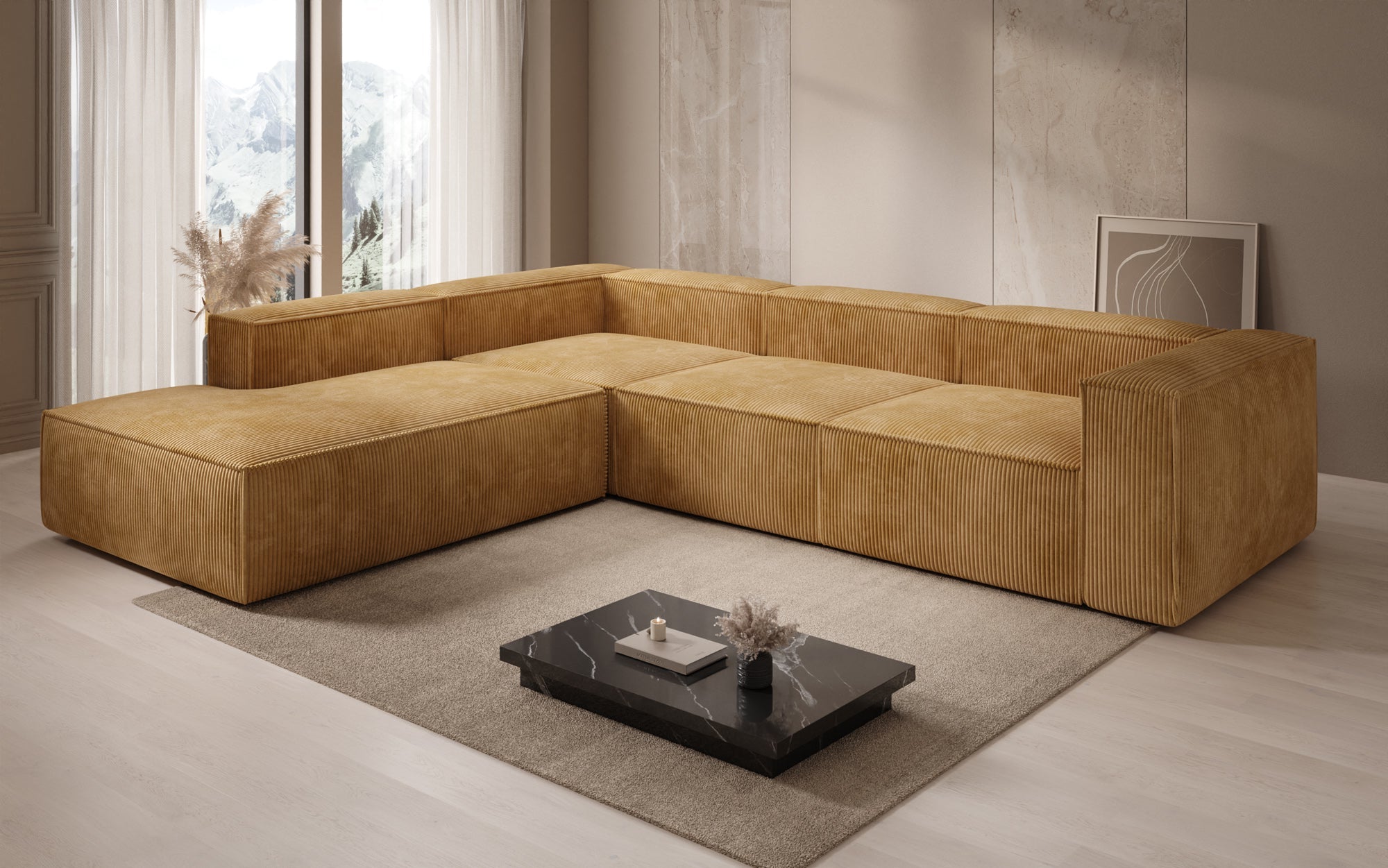 Designer Sofa Lesley L with long ottoman in corduroy