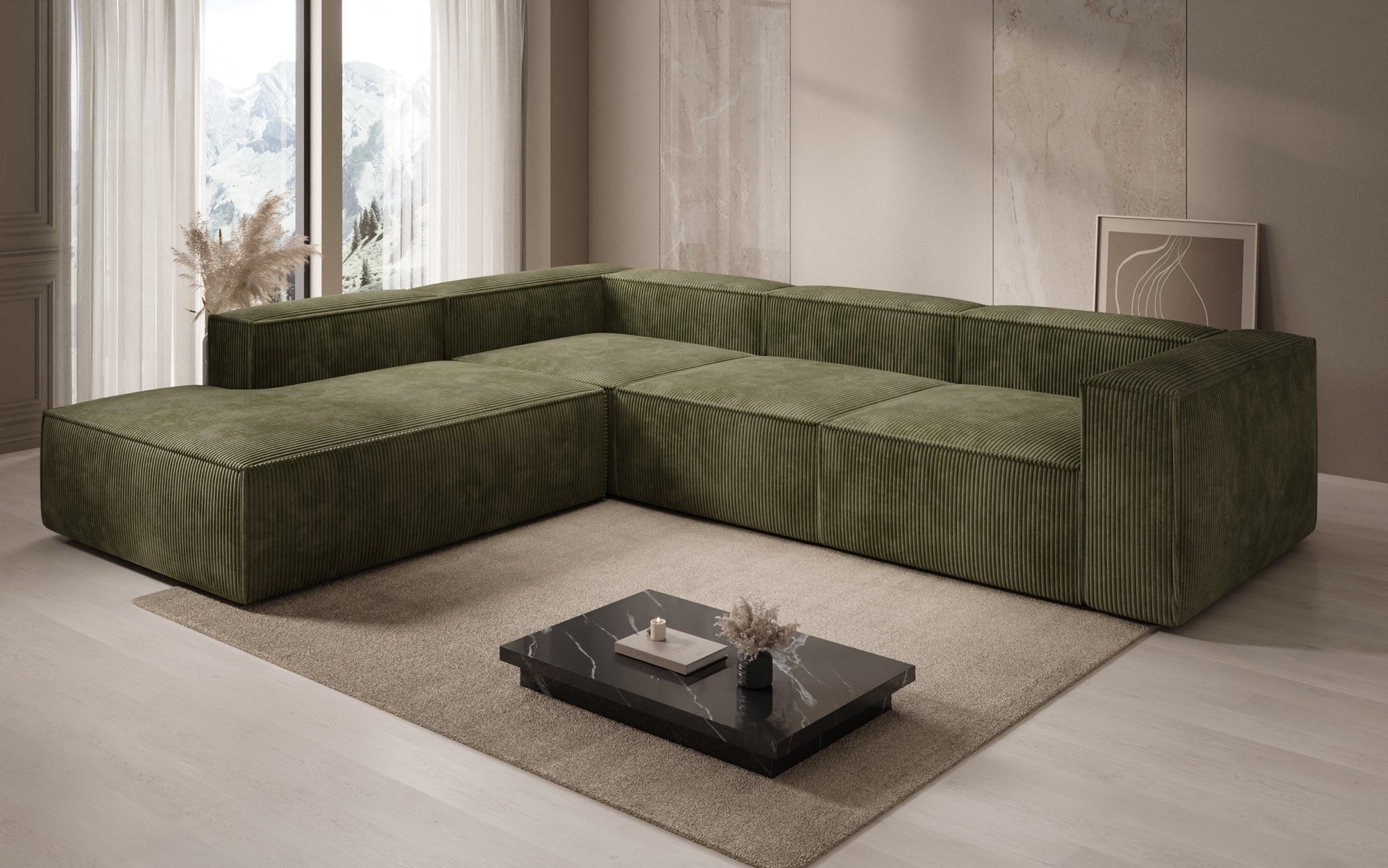 Designer Sofa Lesley L with long ottoman in corduroy