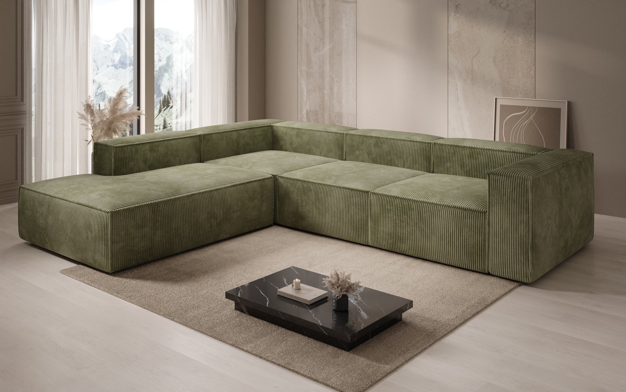 Designer Sofa Lesley L with long ottoman in corduroy