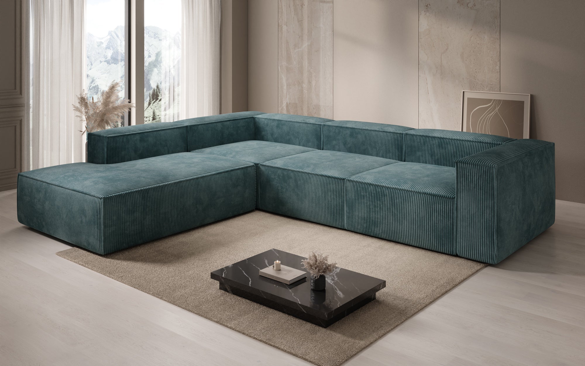 Designer Sofa Lesley L with long ottoman in corduroy