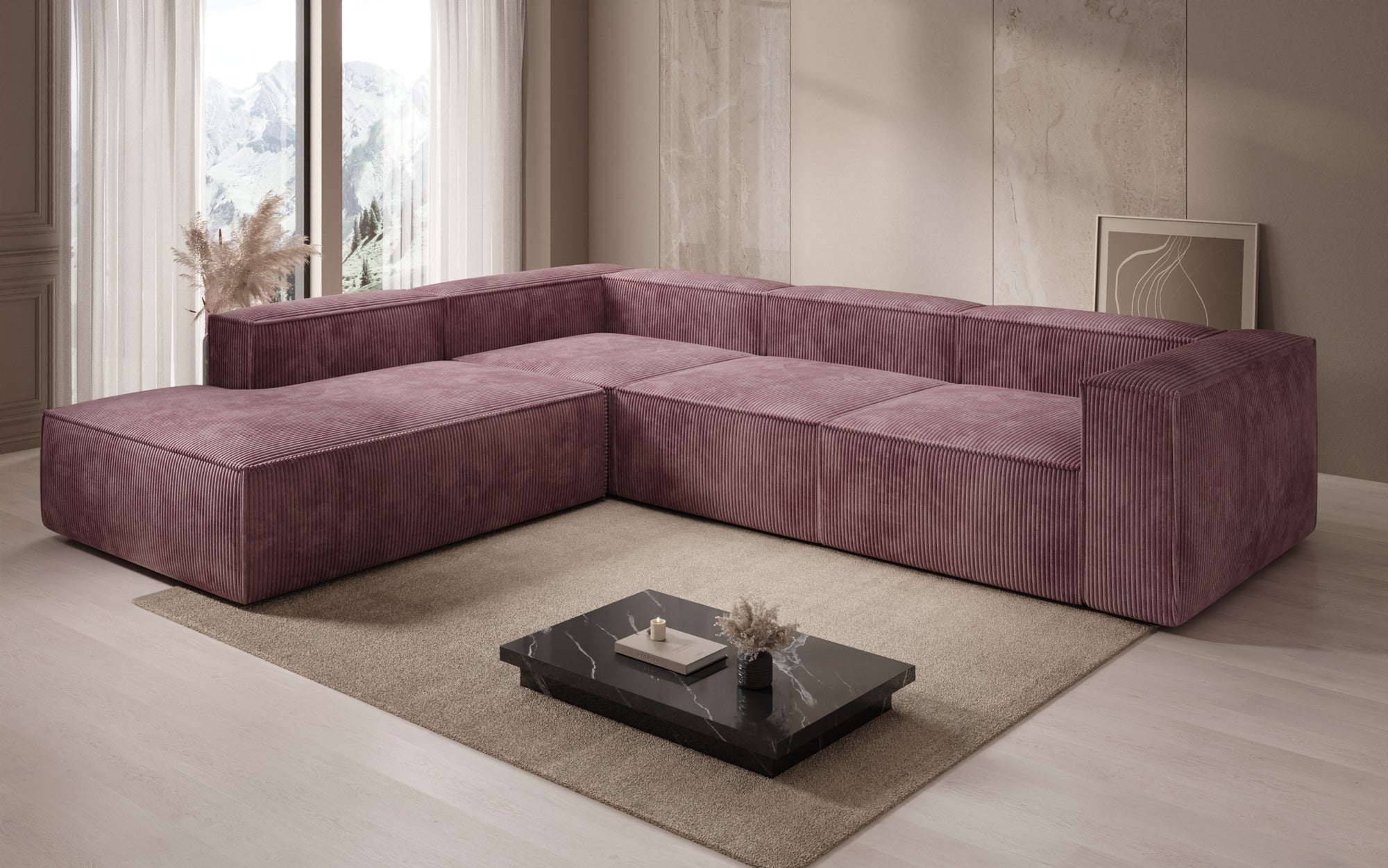 Designer Sofa Lesley L with long ottoman in corduroy