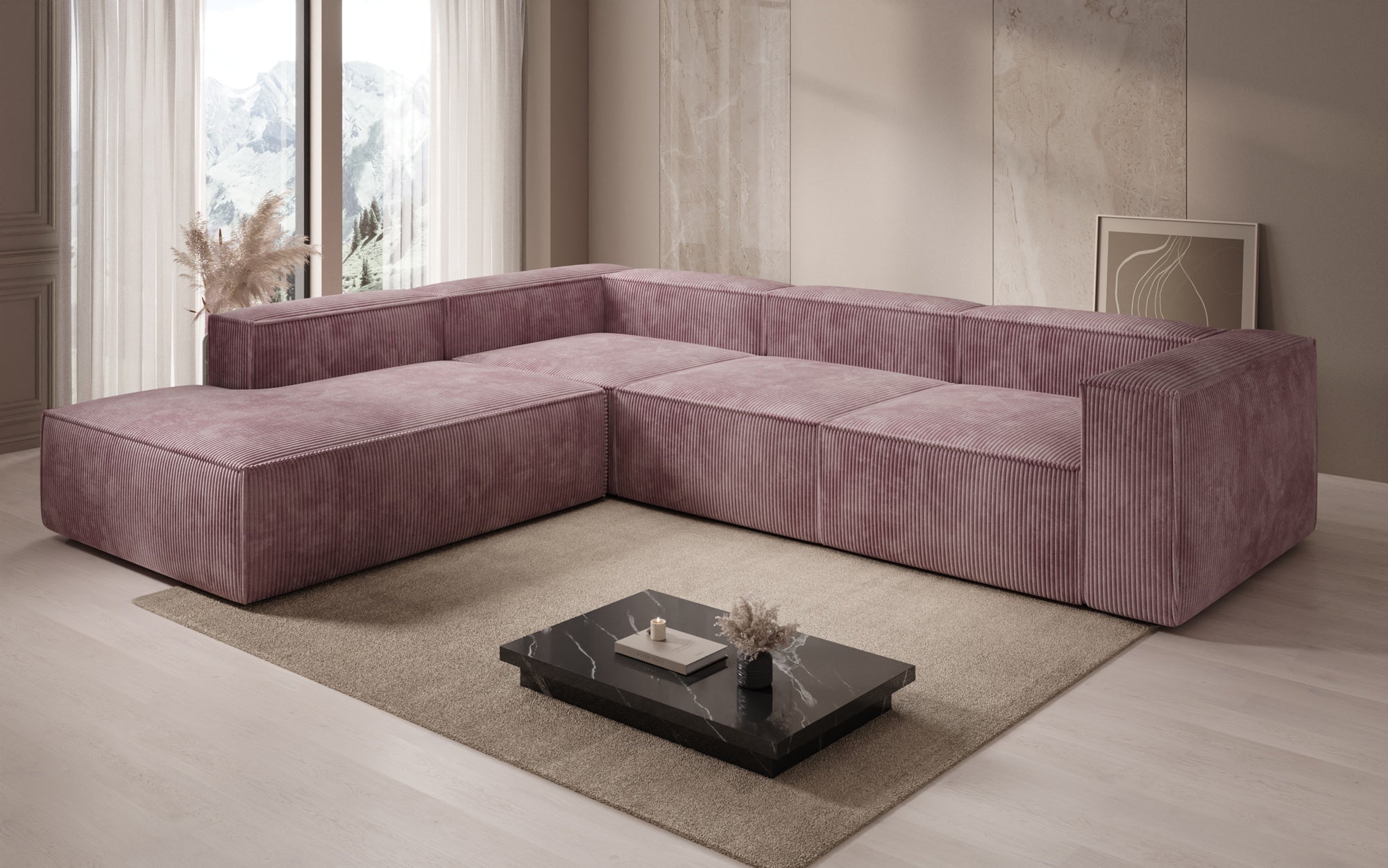 Designer Sofa Lesley L with long ottoman in corduroy