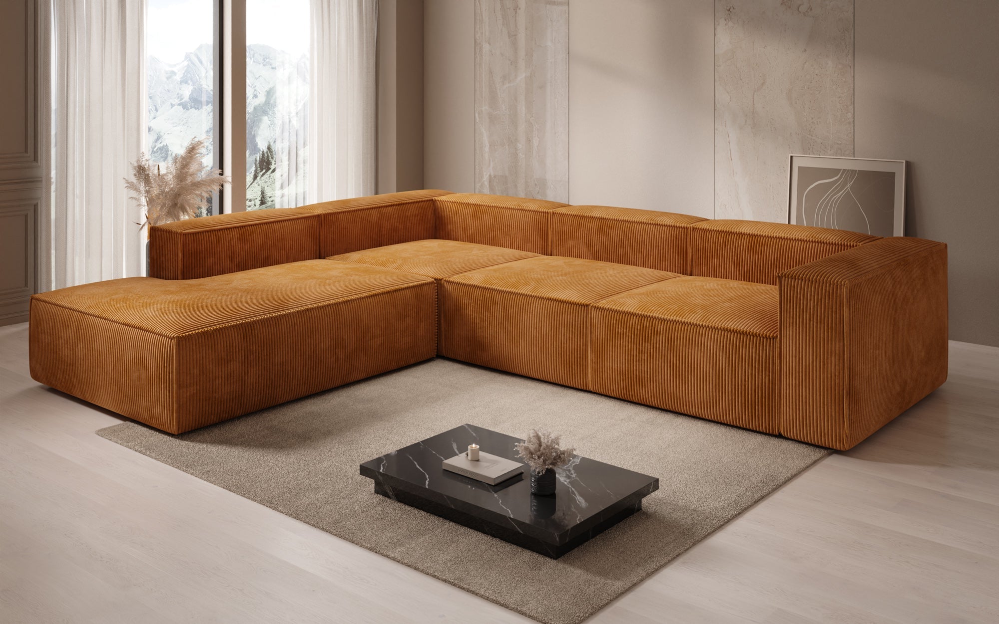 Designer Sofa Lesley L with long ottoman in corduroy