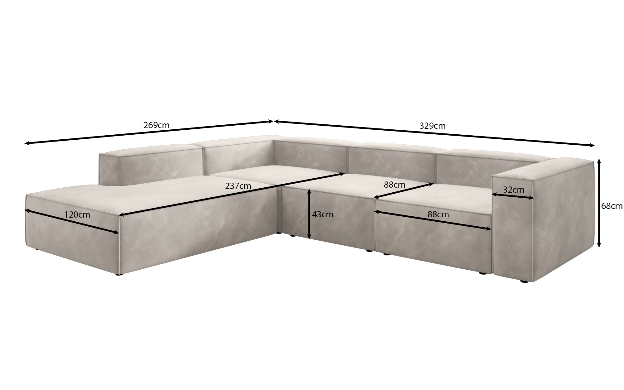 Designer Sofa Lesley L with long ottoman in velvet