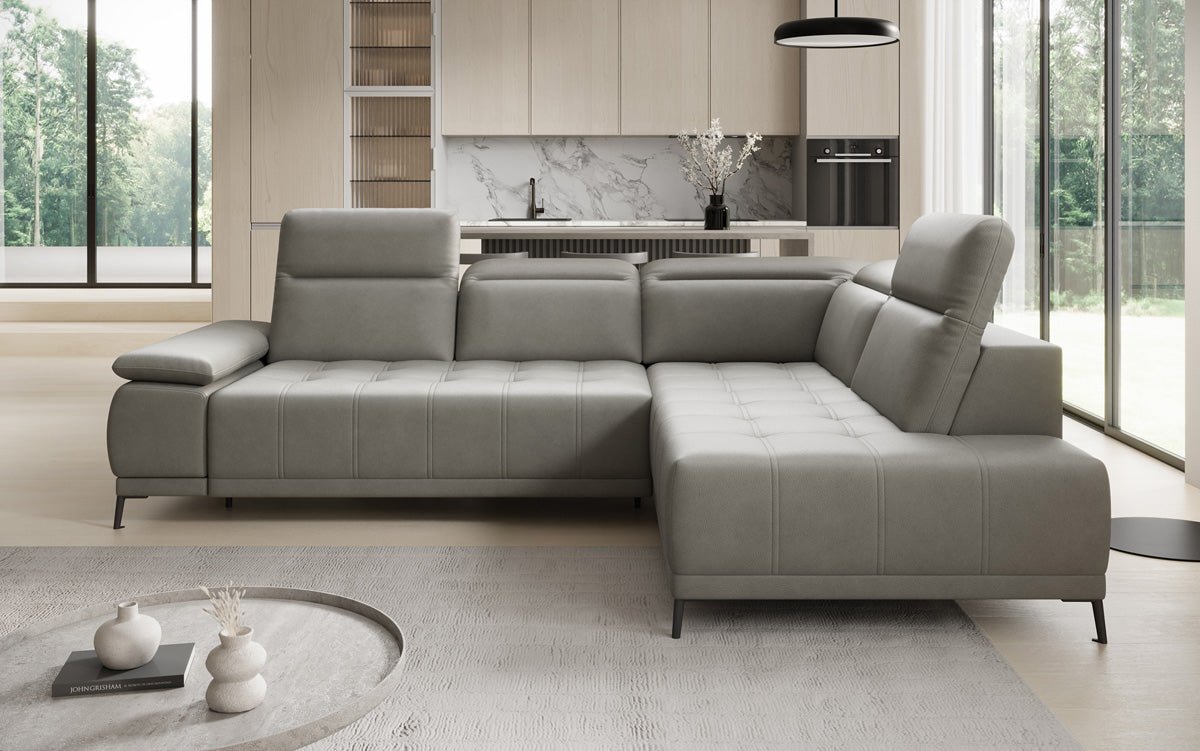 Designer L Sofa Lyra with electric sleeping function in genuine leather