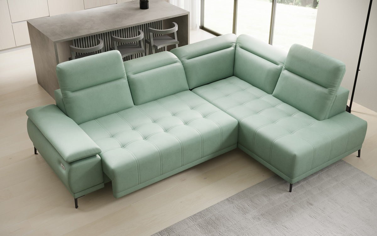 Designer L Sofa Lyra with electric sleeping function in genuine leather