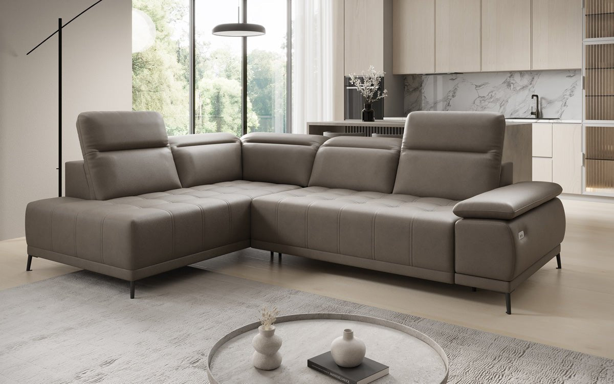 Designer L Sofa Lyra with electric sleeping function in genuine leather