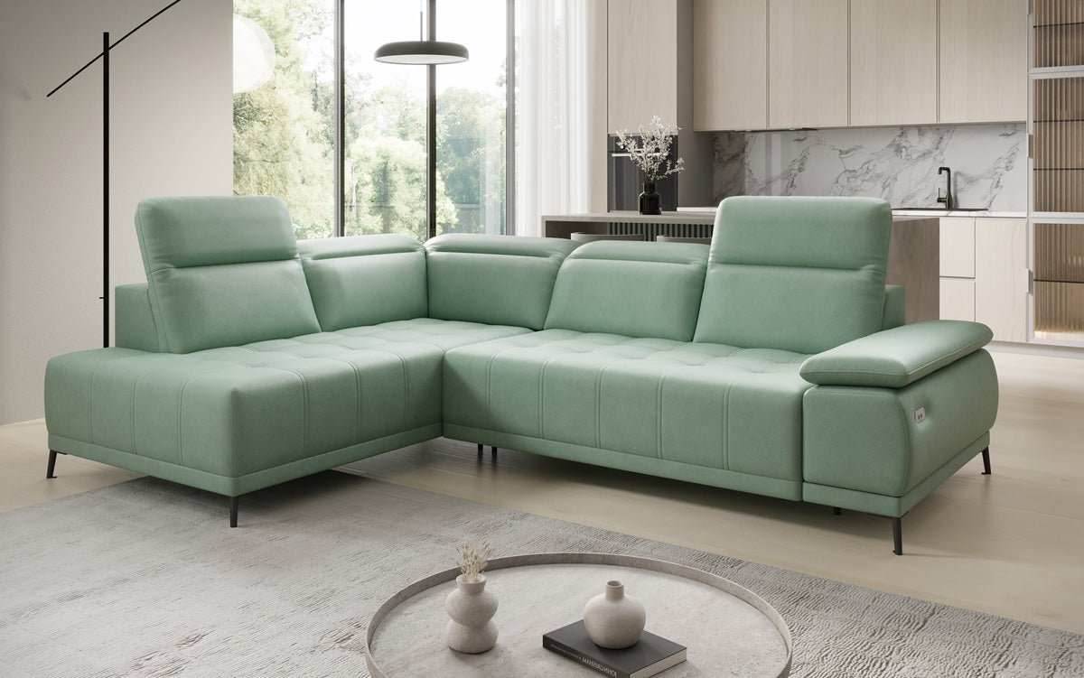 Designer L Sofa Lyra with electric sleeping function in genuine leather