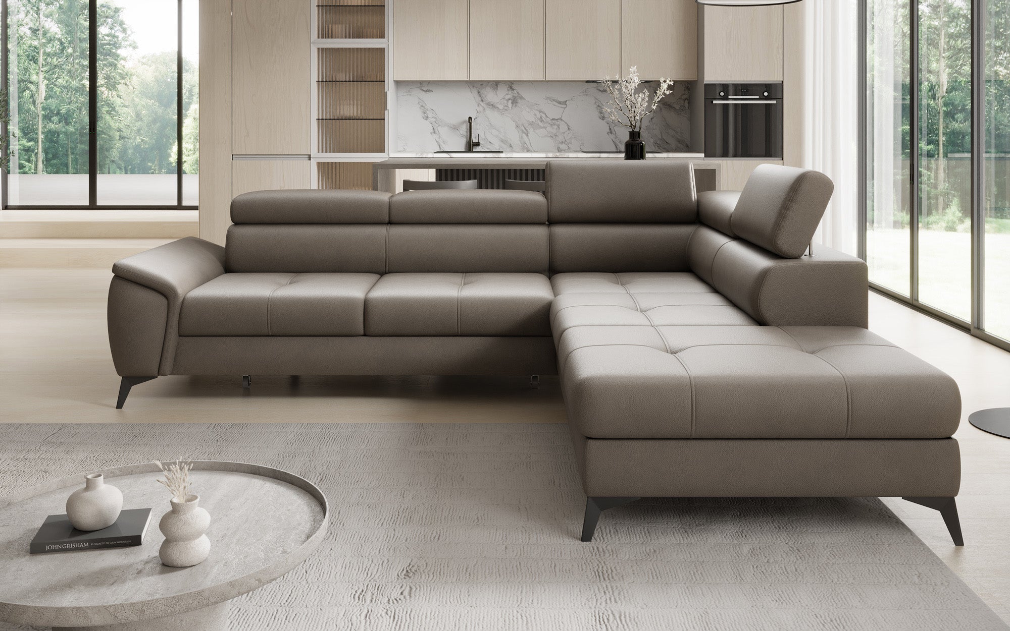 Designer L Sofa Aveline with Sleeping Function and Storage in Genuine Leather