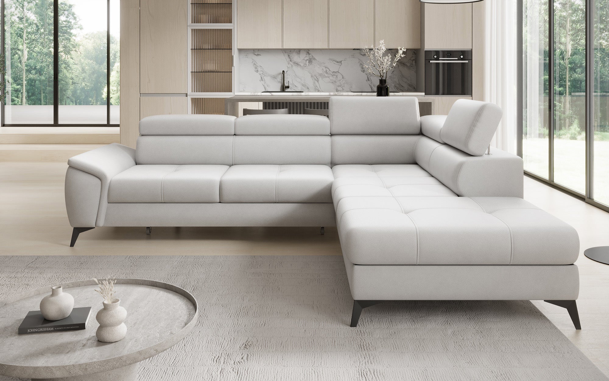 Designer L Sofa Aveline with Sleeping Function and Storage in Genuine Leather