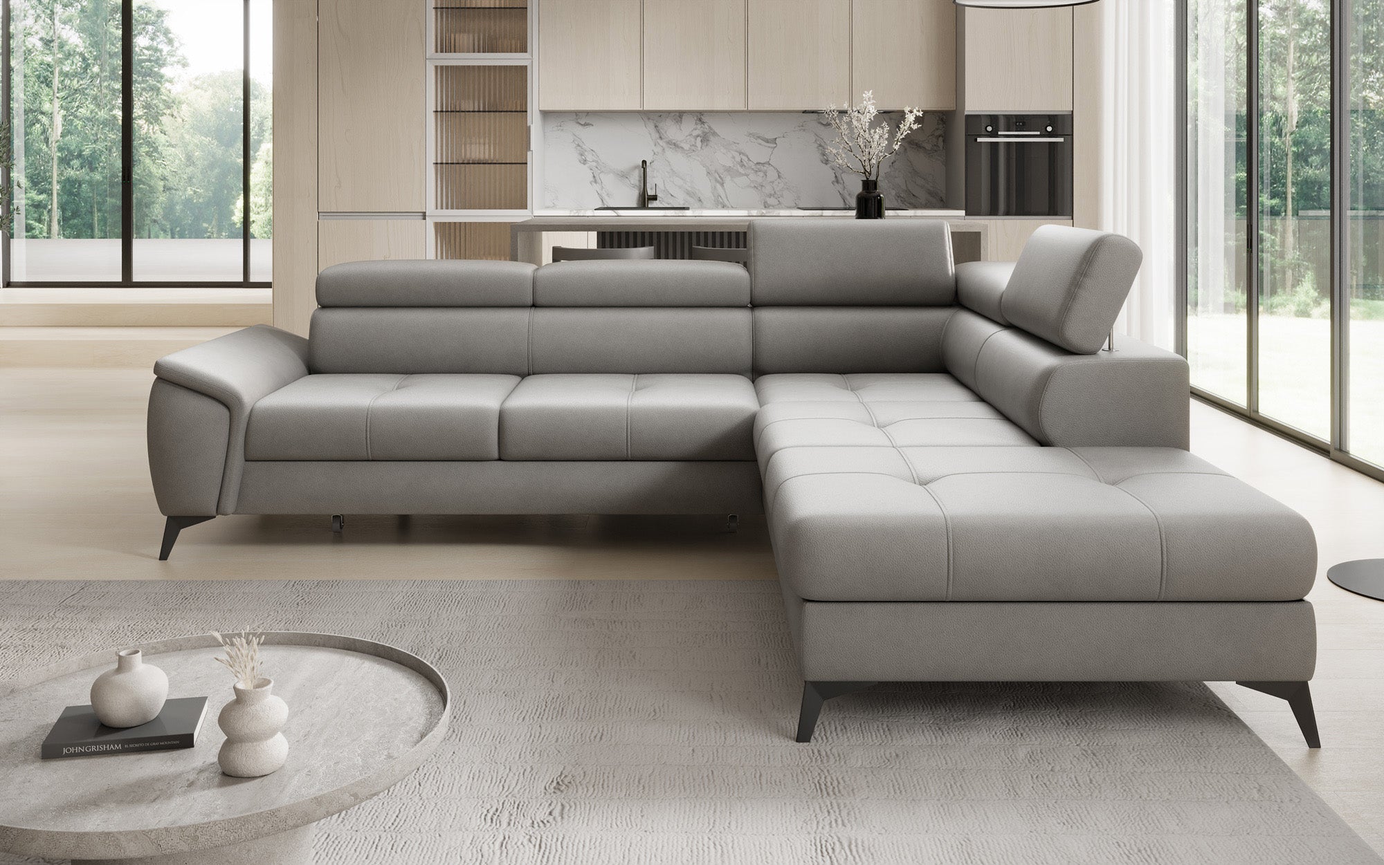 Designer L Sofa Aveline with Sleeping Function and Storage in Genuine Leather