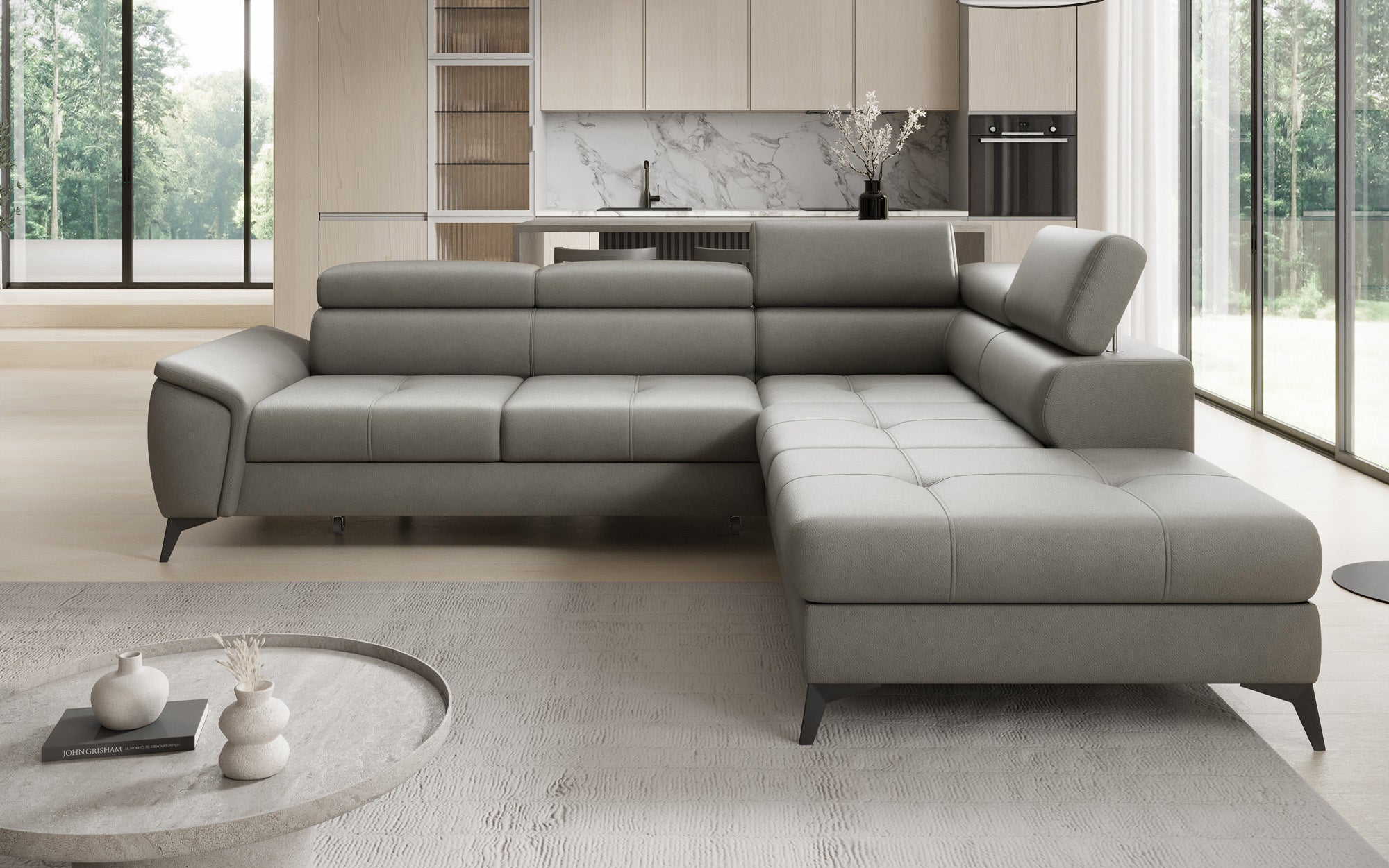 Designer L Sofa Aveline with Sleeping Function and Storage in Genuine Leather