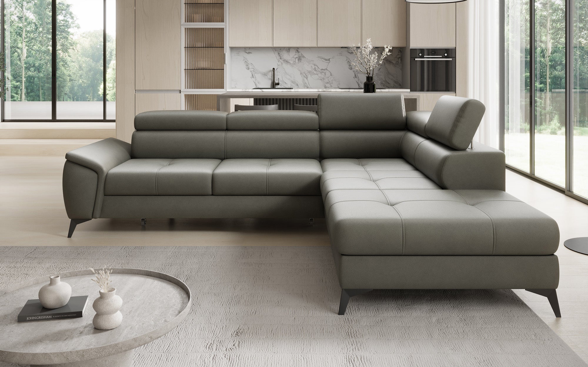 Designer L Sofa Aveline with Sleeping Function and Storage in Genuine Leather