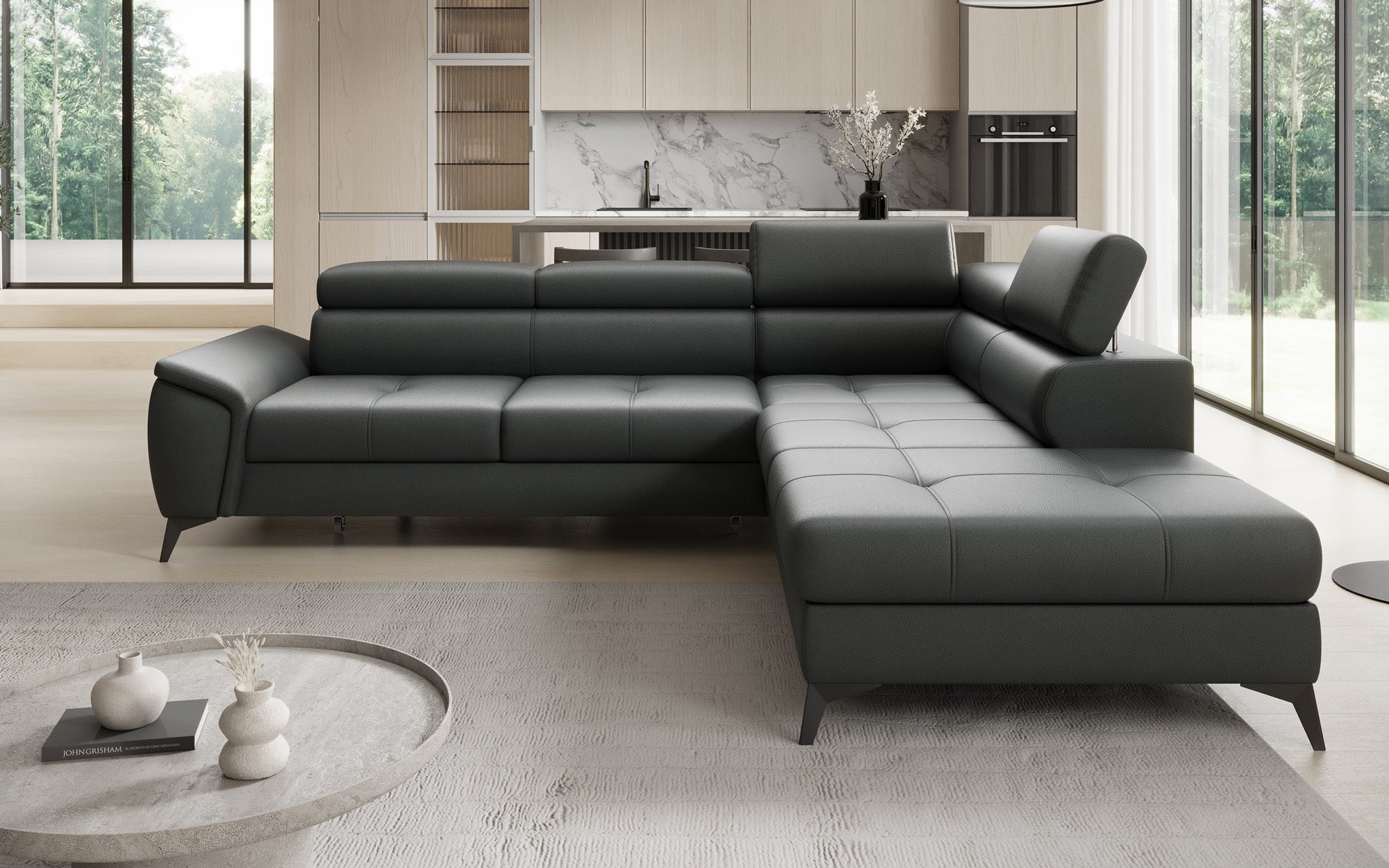 Designer L Sofa Aveline with Sleeping Function and Storage in Genuine Leather