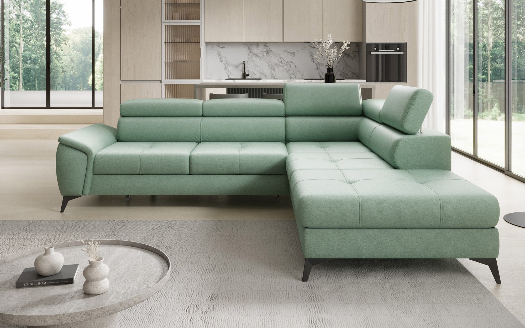 Designer L Sofa Aveline with Sleeping Function and Storage in Genuine Leather