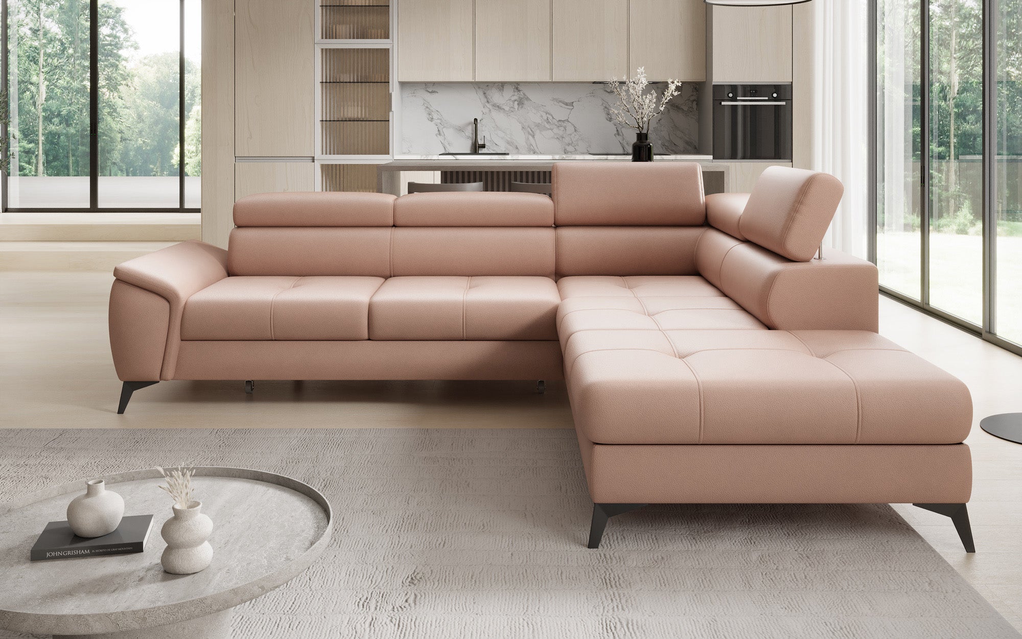 Designer L Sofa Aveline with Sleeping Function and Storage in Genuine Leather