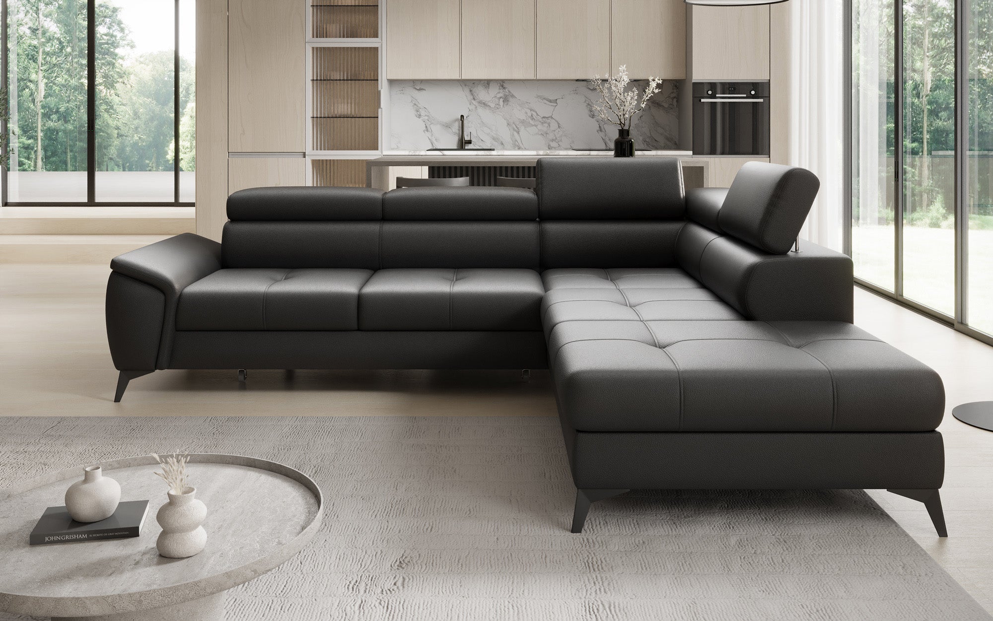 Designer L Sofa Aveline with Sleeping Function and Storage in Genuine Leather