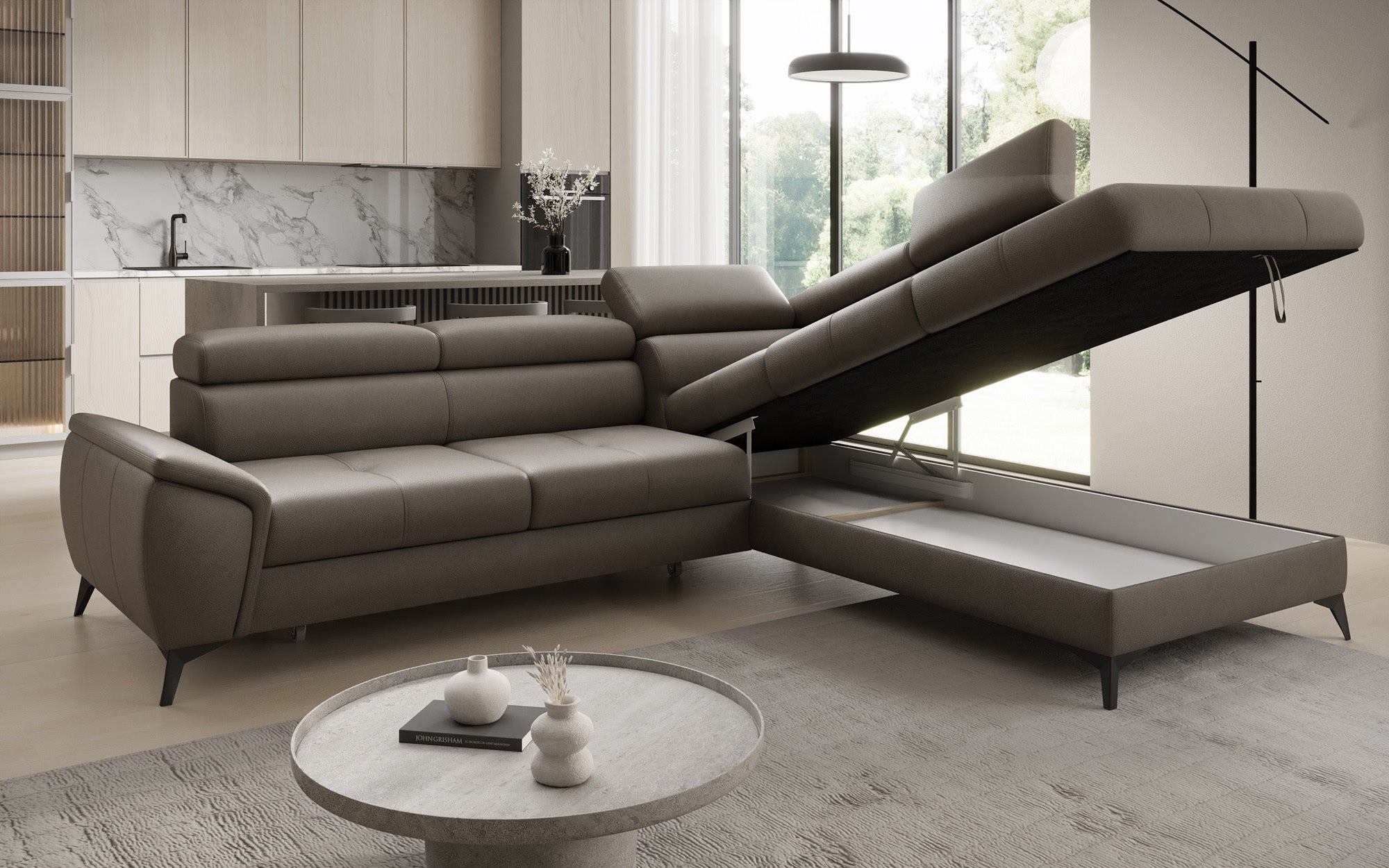 Designer L Sofa Aveline with Sleeping Function and Storage in Genuine Leather