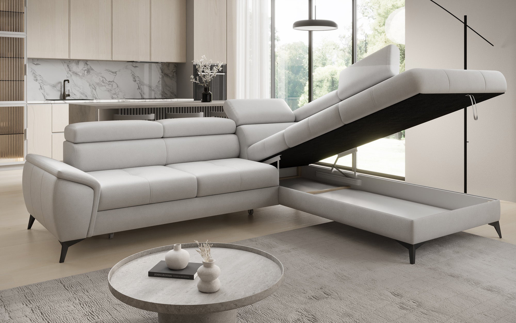 Designer L Sofa Aveline with Sleeping Function and Storage in Genuine Leather