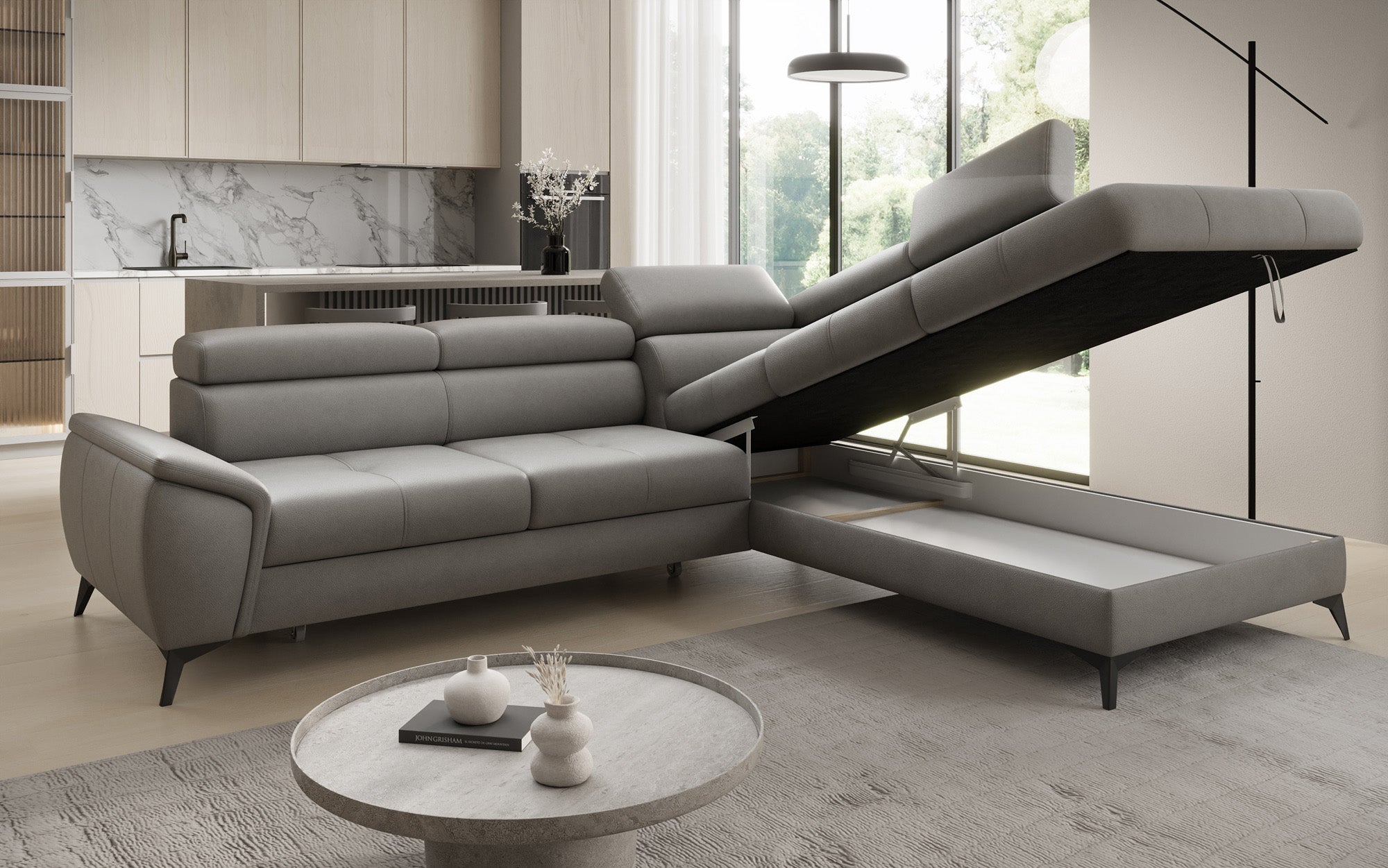 Designer L Sofa Aveline with Sleeping Function and Storage in Genuine Leather