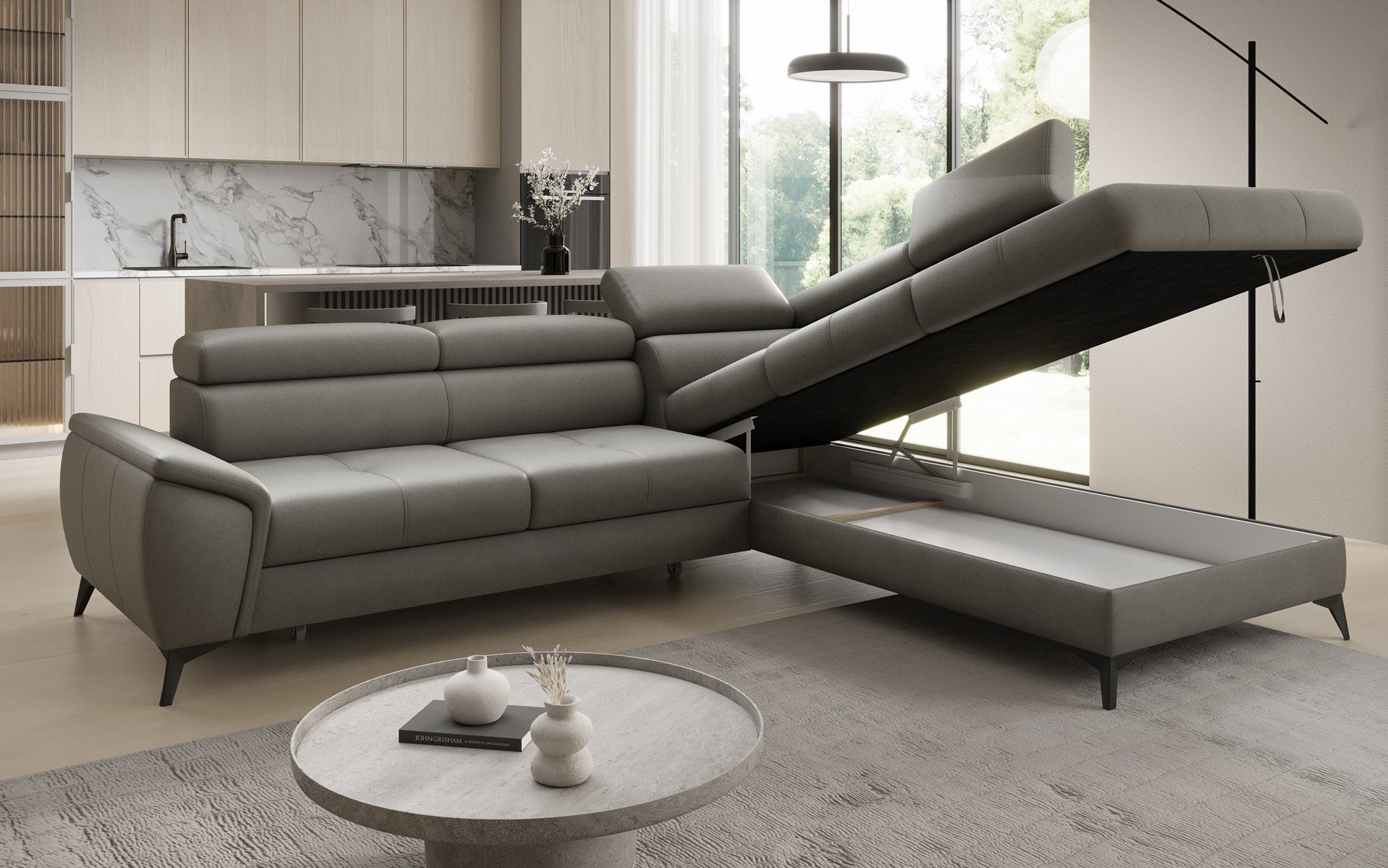 Designer L Sofa Aveline with Sleeping Function and Storage in Genuine Leather