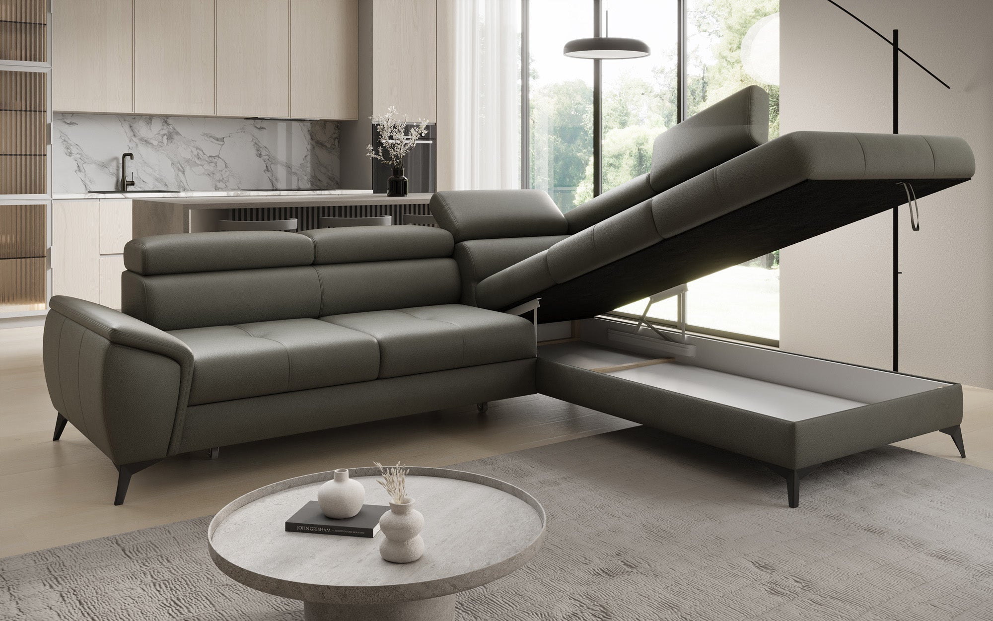 Designer L Sofa Aveline with Sleeping Function and Storage in Genuine Leather