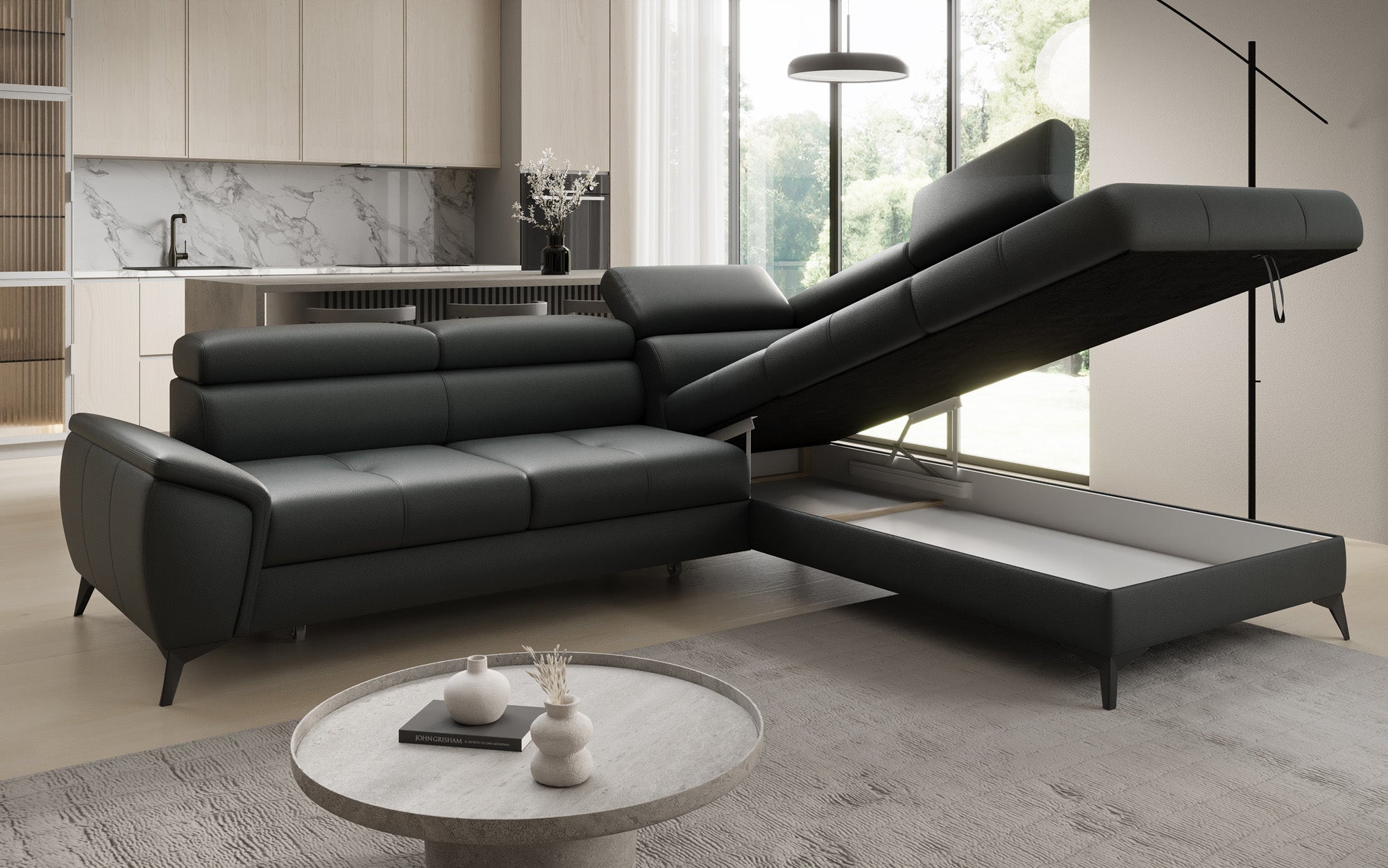 Designer L Sofa Aveline with Sleeping Function and Storage in Genuine Leather
