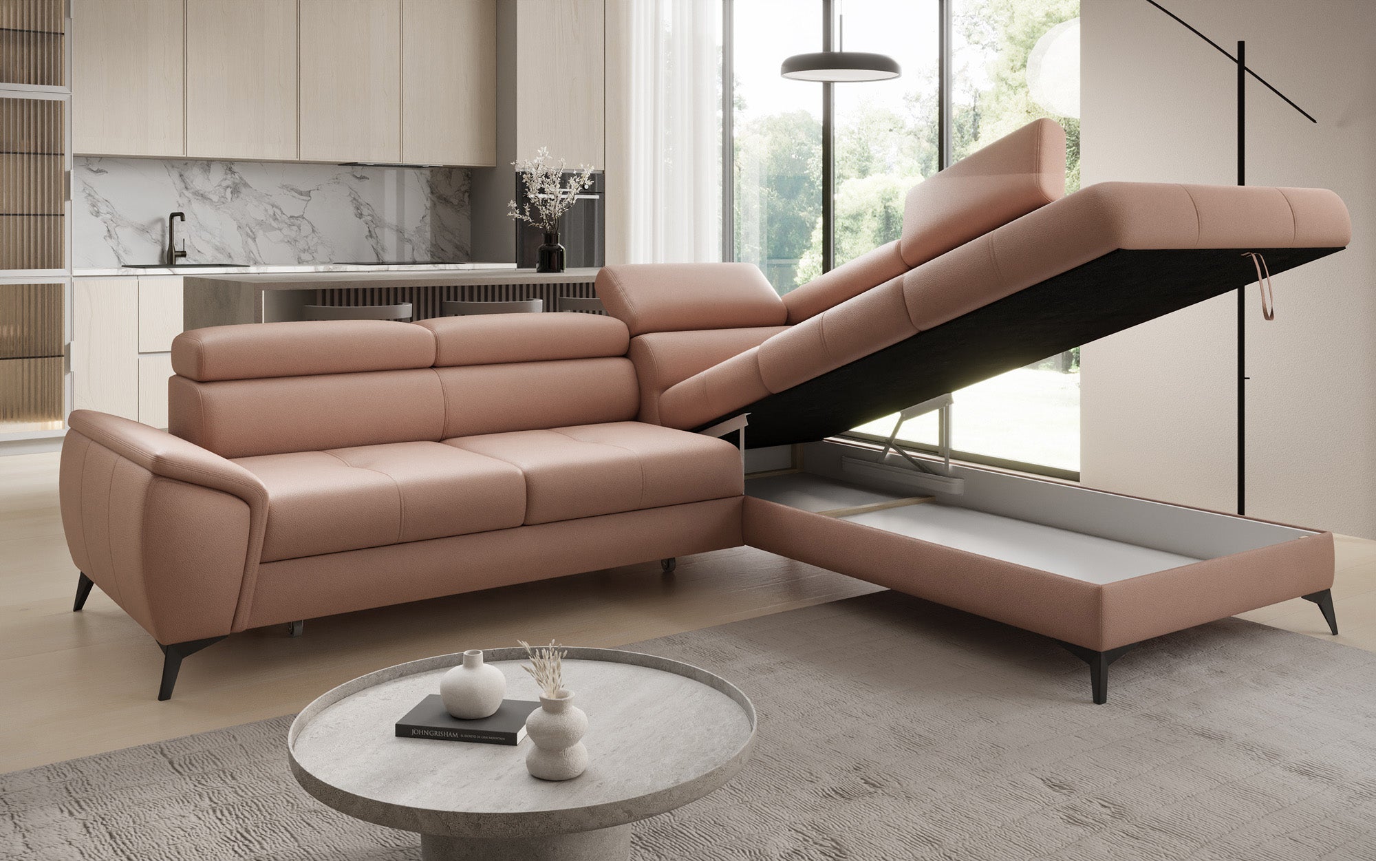 Designer L Sofa Aveline with Sleeping Function and Storage in Genuine Leather