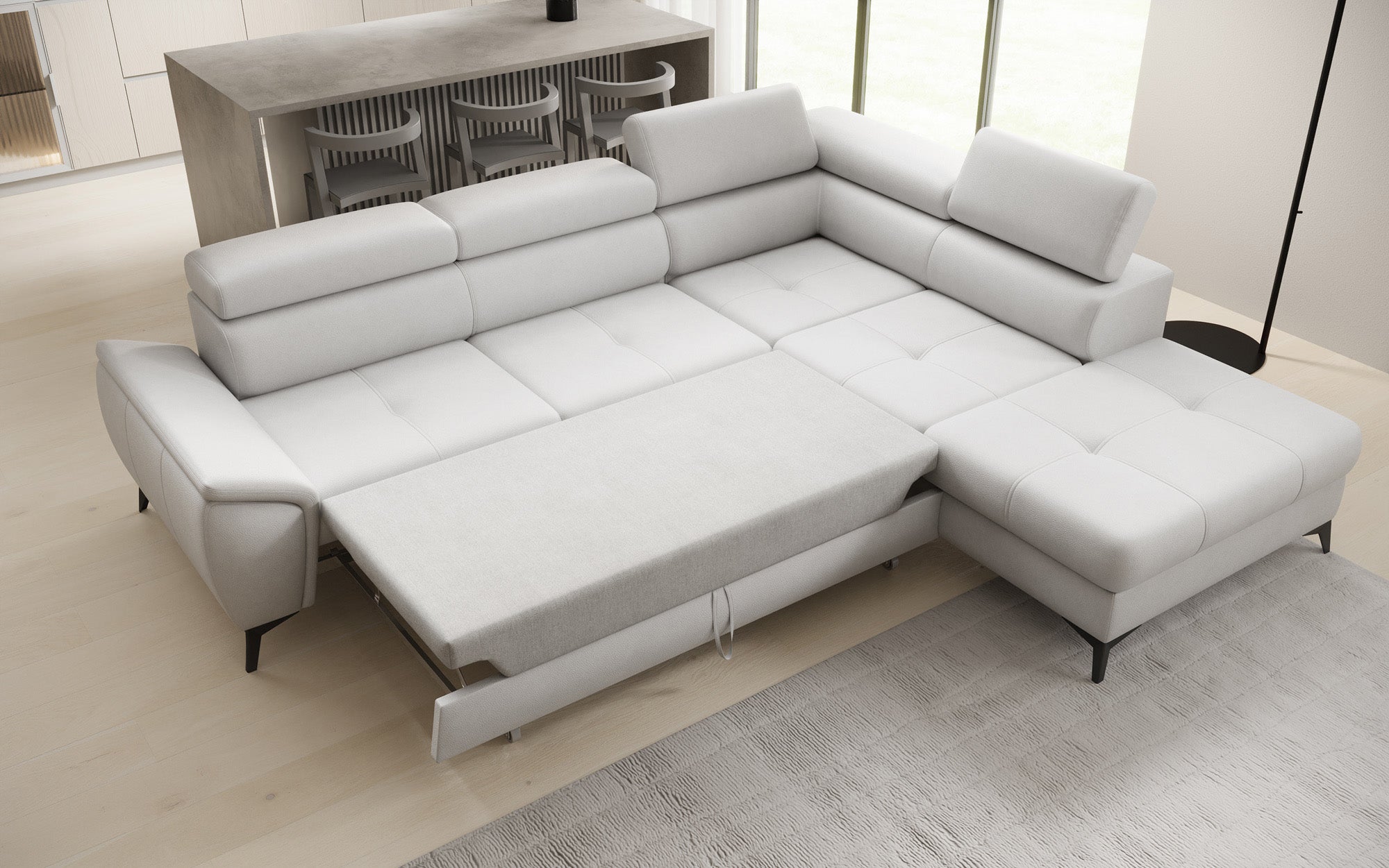 Designer L Sofa Aveline with Sleeping Function and Storage in Genuine Leather