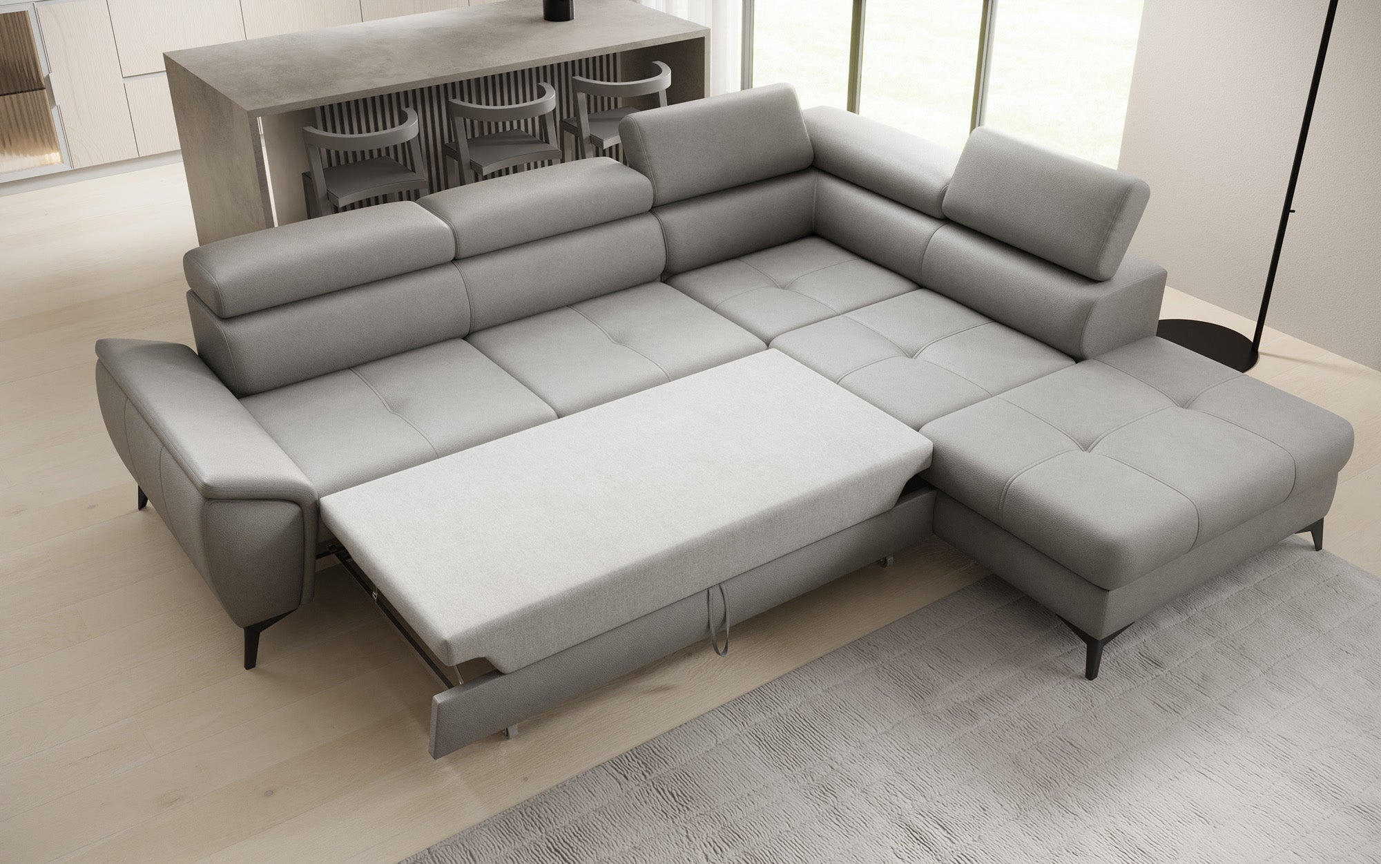 Designer L Sofa Aveline with Sleeping Function and Storage in Genuine Leather
