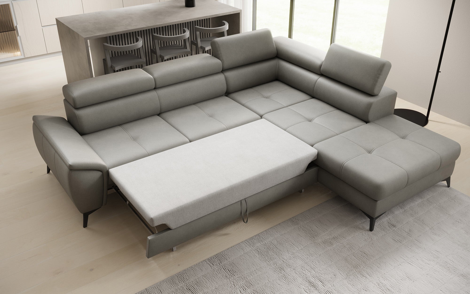 Designer L Sofa Aveline with Sleeping Function and Storage in Genuine Leather