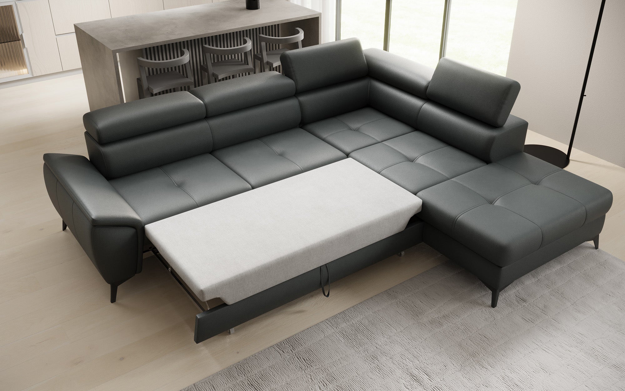 Designer L Sofa Aveline with Sleeping Function and Storage in Genuine Leather