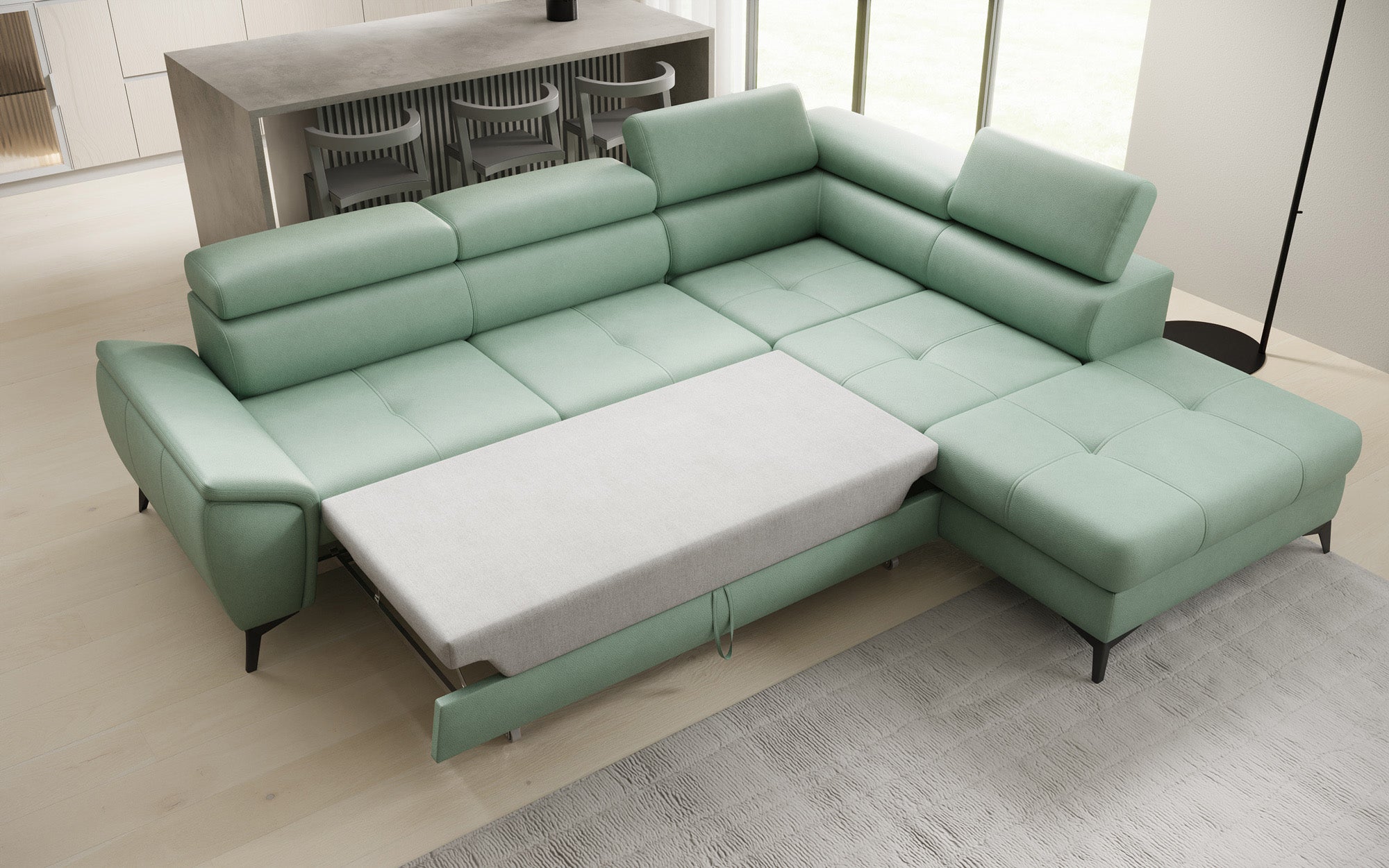 Designer L Sofa Aveline with Sleeping Function and Storage in Genuine Leather