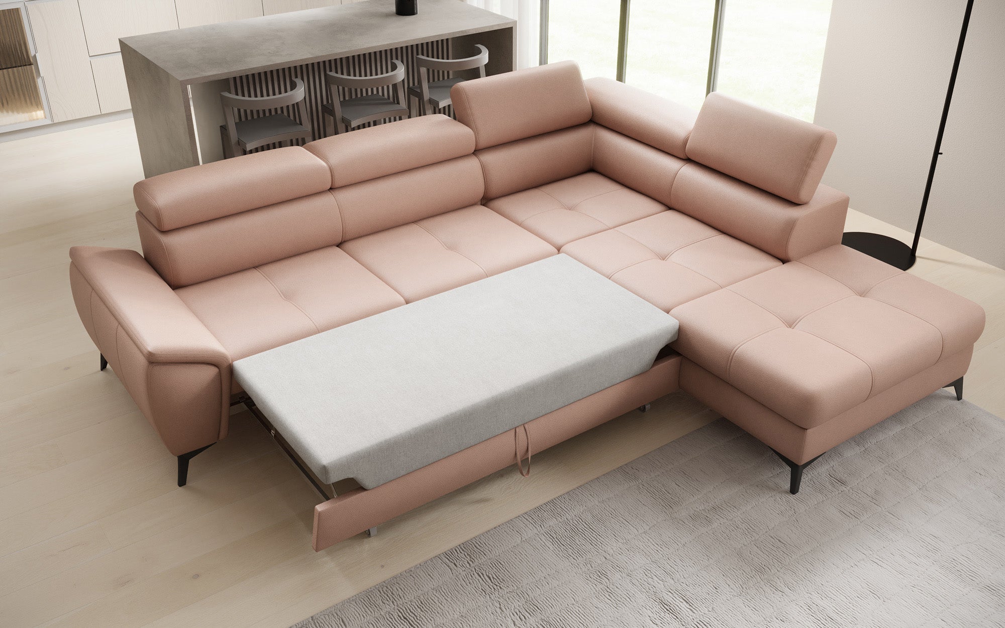 Designer L Sofa Aveline with Sleeping Function and Storage in Genuine Leather
